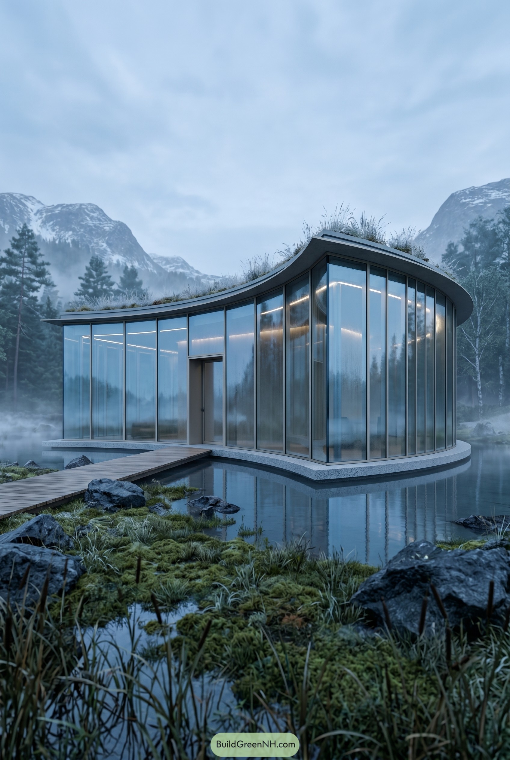 Curved glass house beside a misty alpine pond