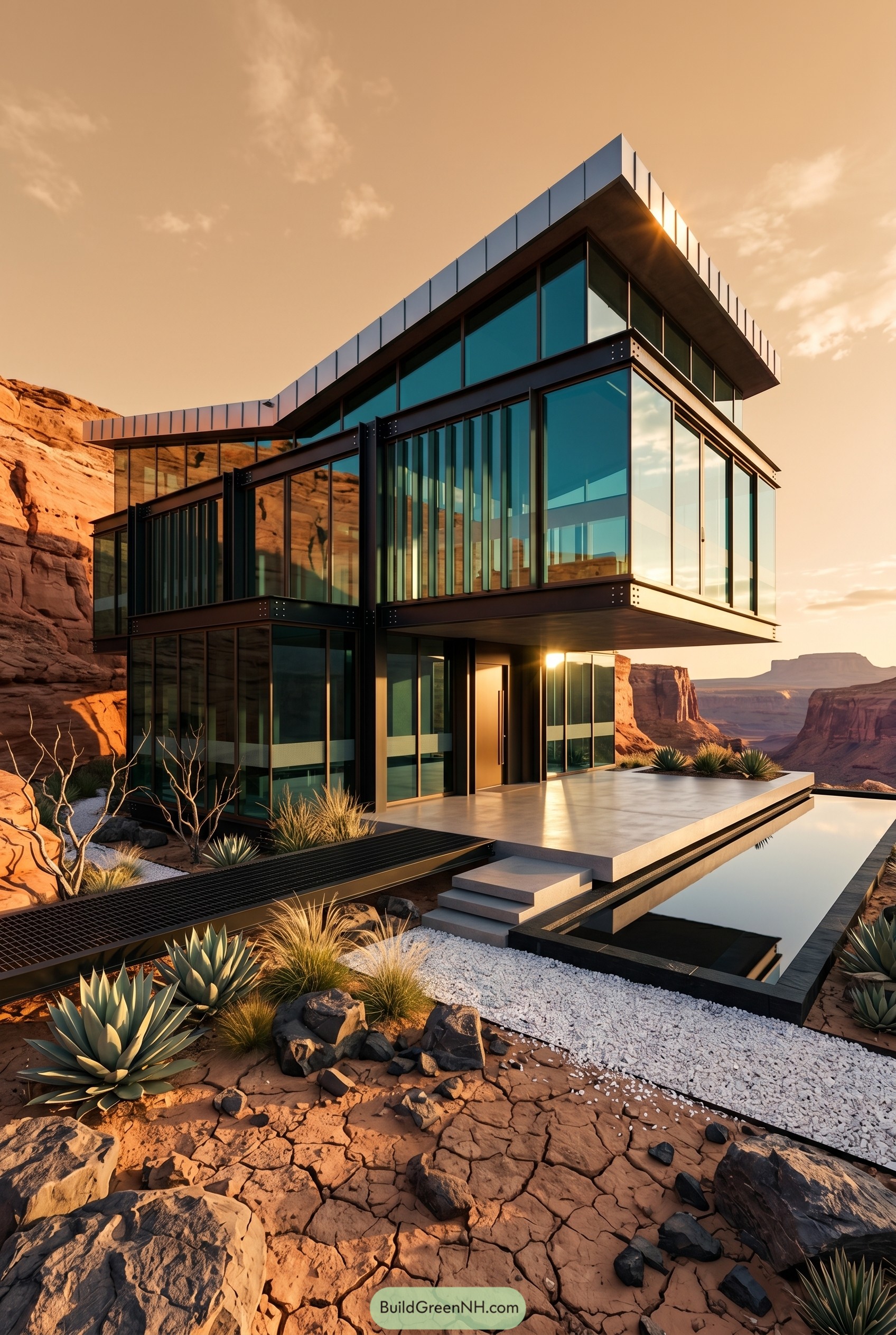 Cantilevered glass home above desert cliffs