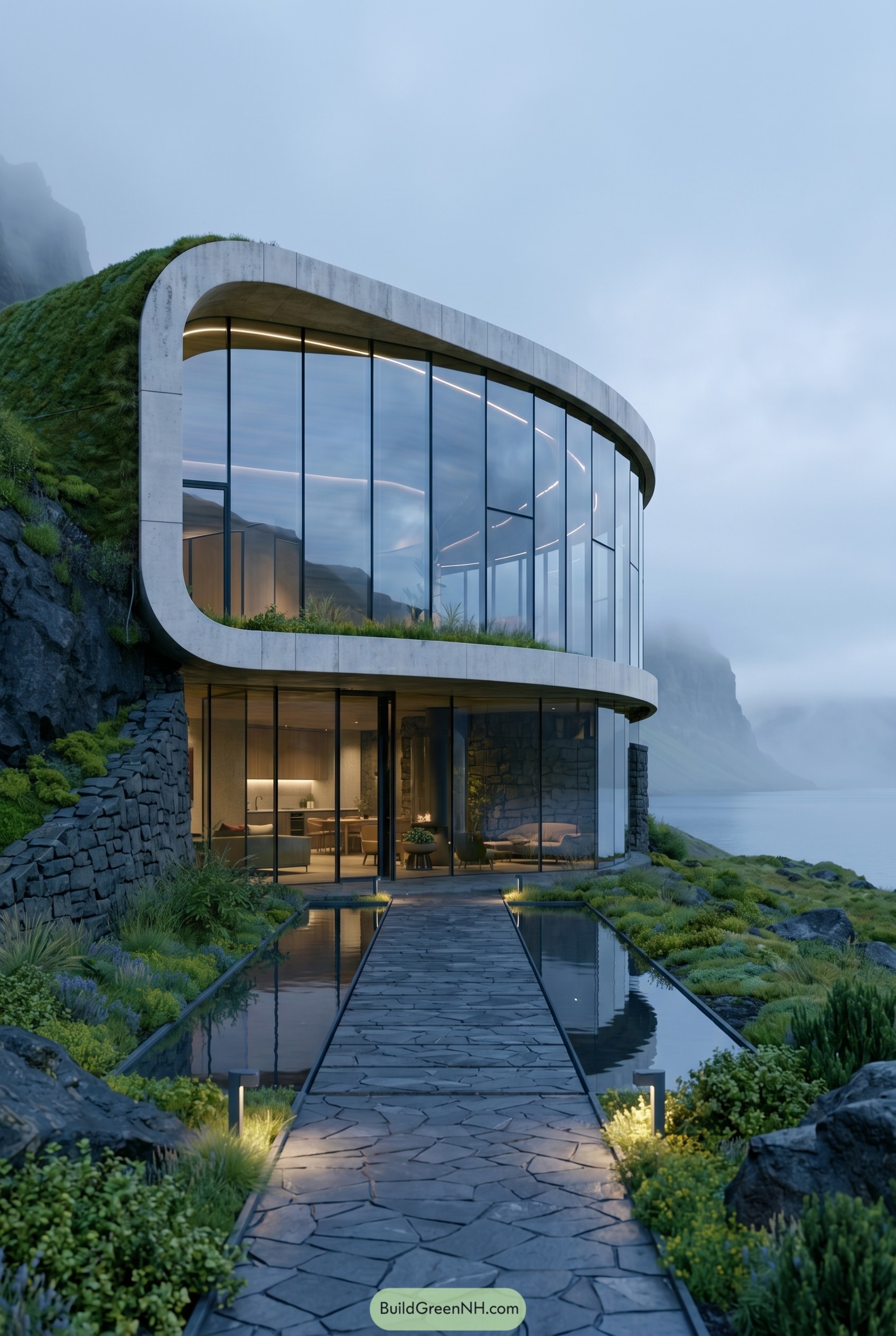 Curved glass house set into a misty cliff