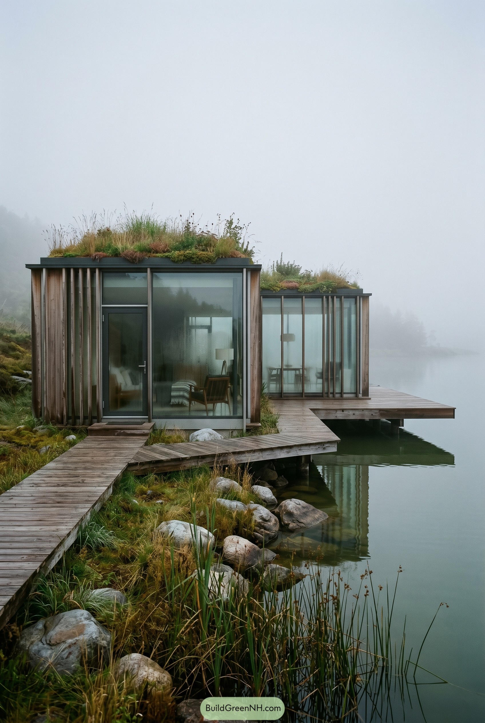 Two glass cabins with green roofs beside a misty lake