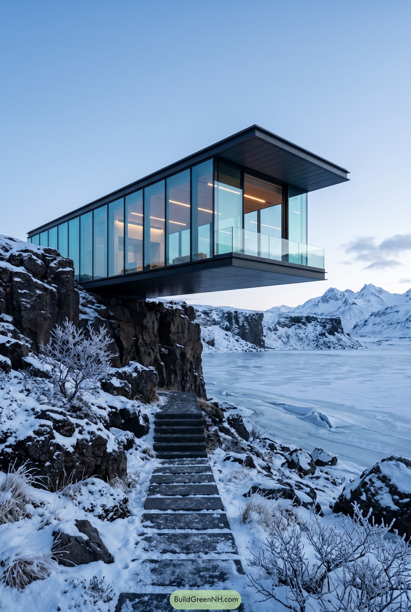 Cantilevered glass house above a frozen fjord