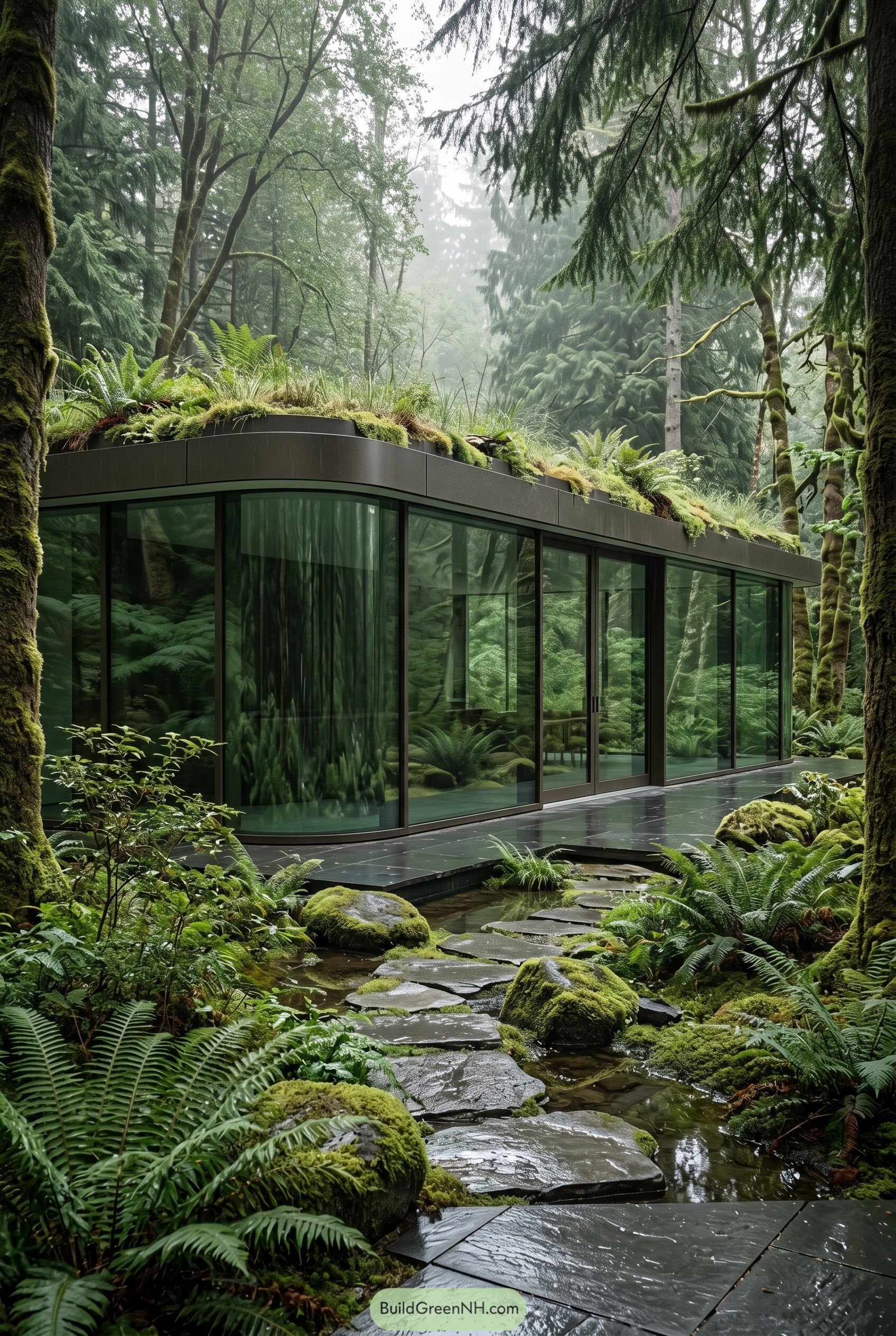 Curved glass house with a green roof in a misty forest