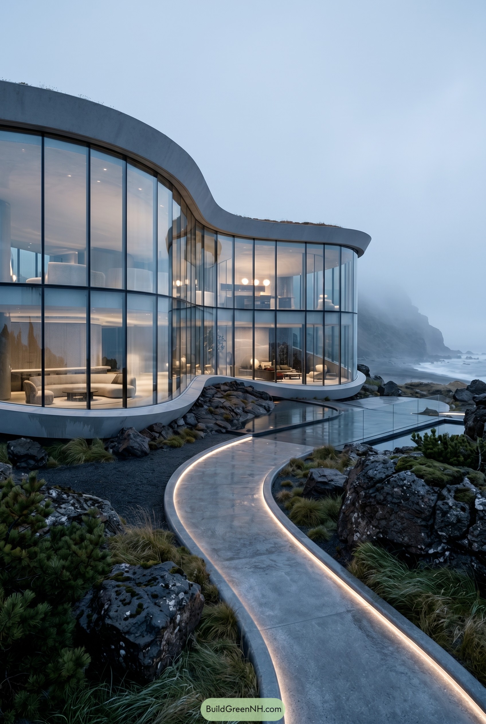 Curved glass coastal house on rocky shore