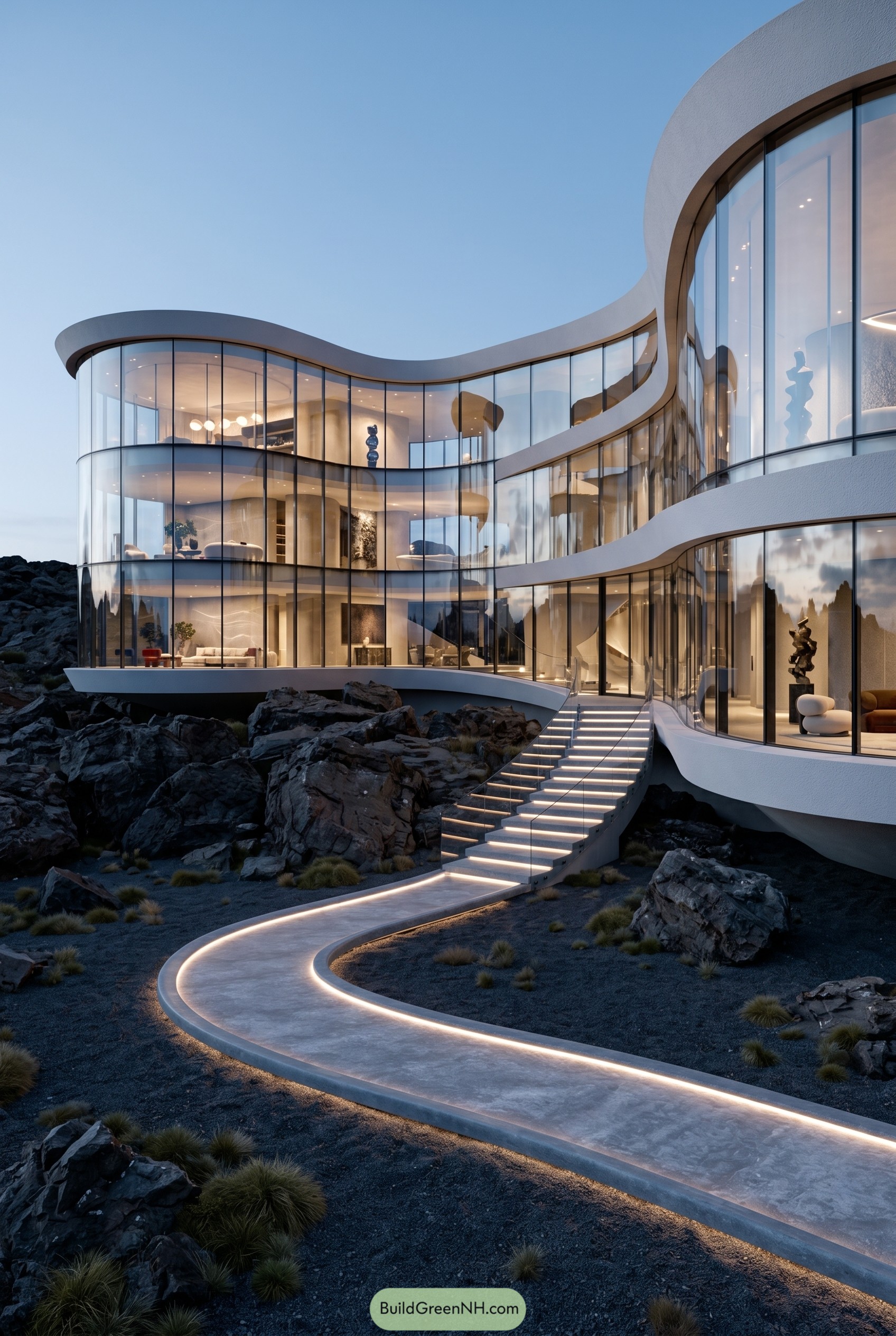 Curved three story glass house on rocky terrain
