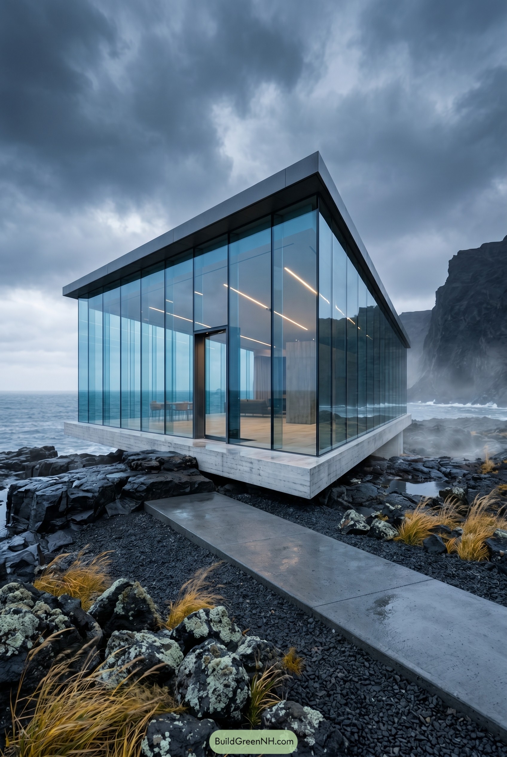 Minimal glass house on a rocky stormy coast