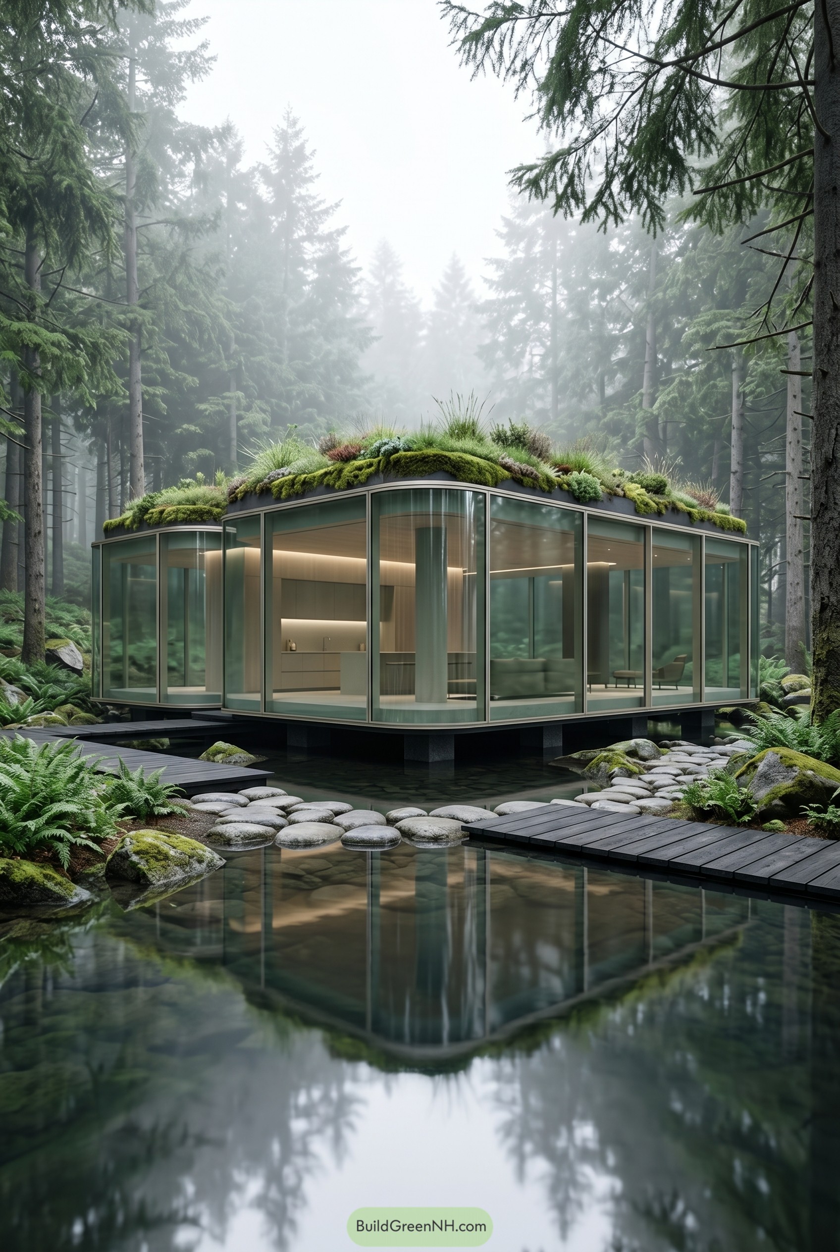 Curved glass home with green roof over forest pond