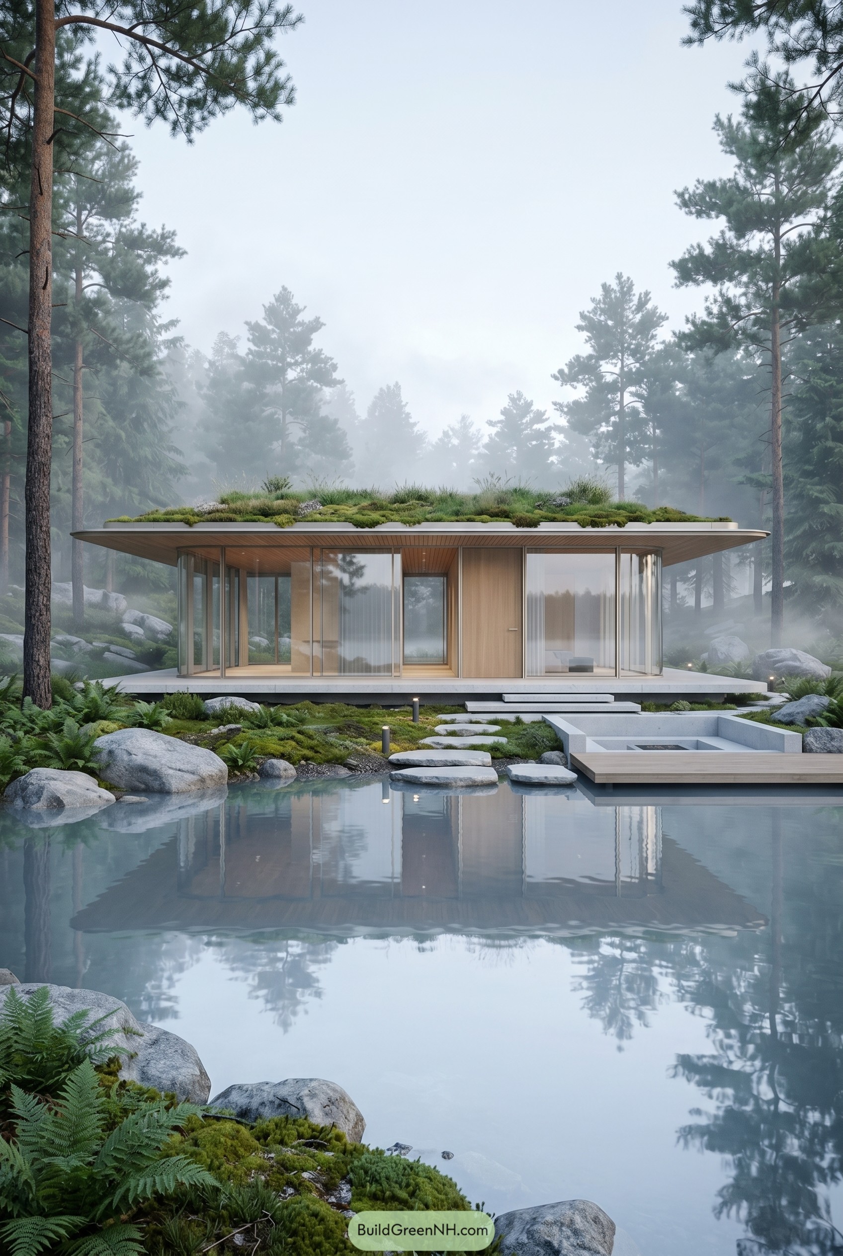 Modern glass house with green roof by a misty pond