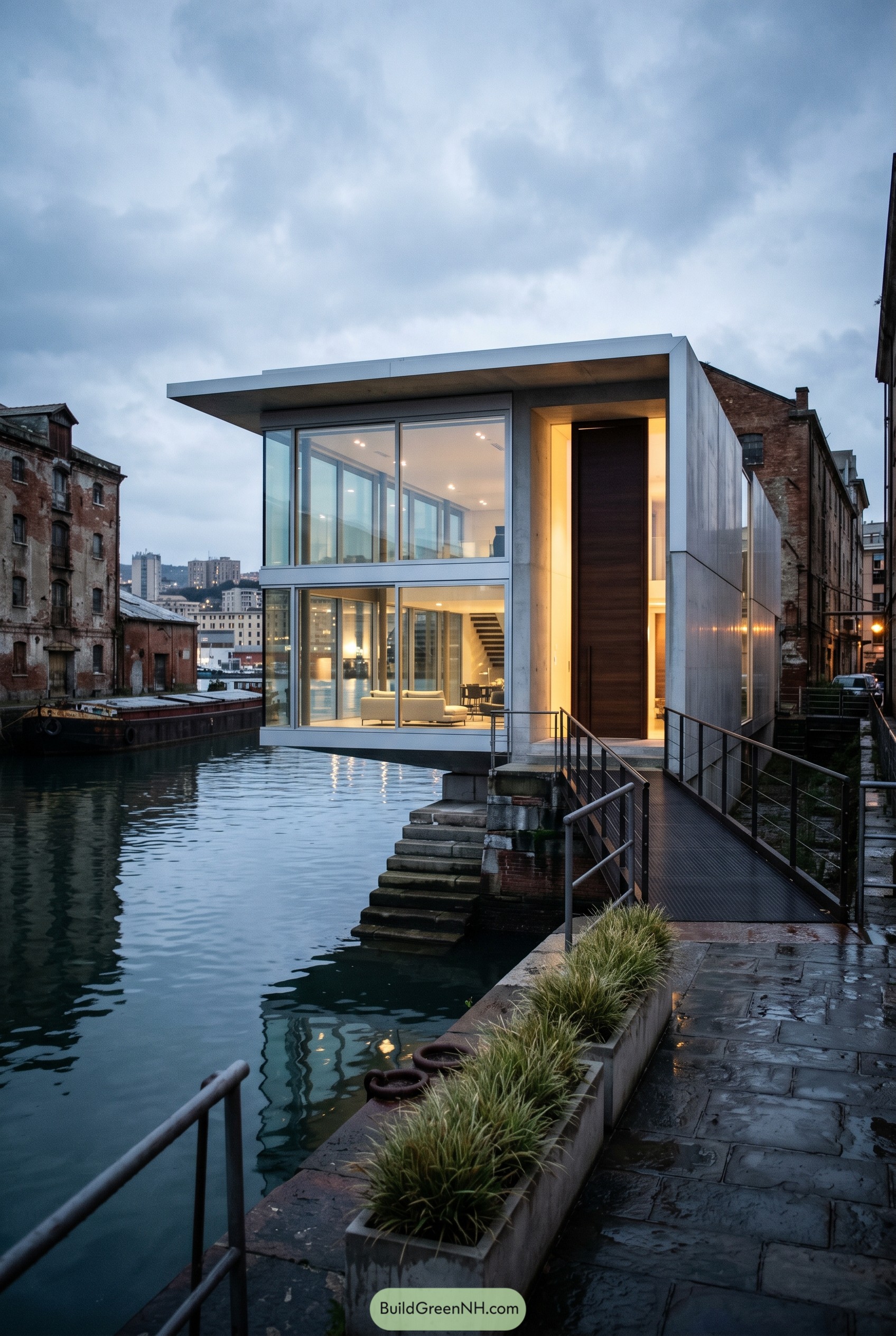 Cantilevered glass house above an urban canal