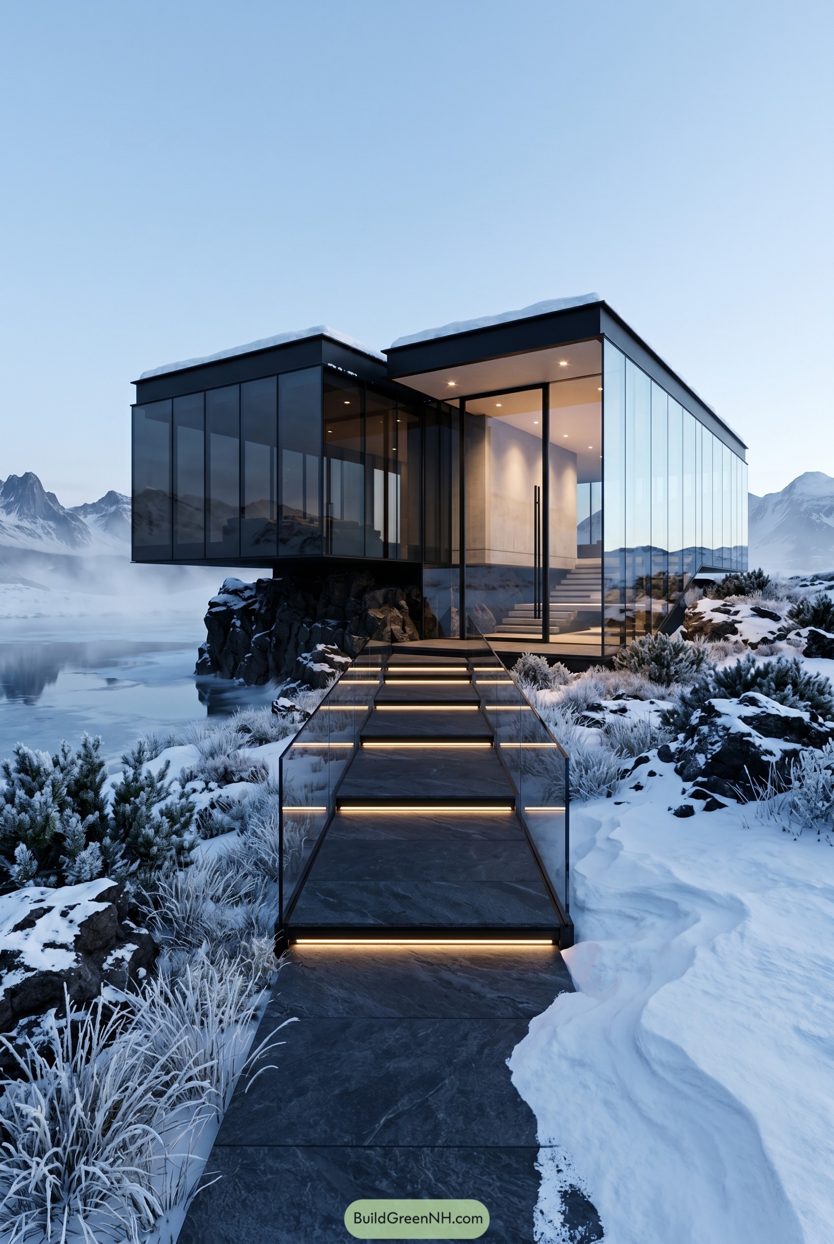 Cantilevered glass house on a snowy rocky lakeshore