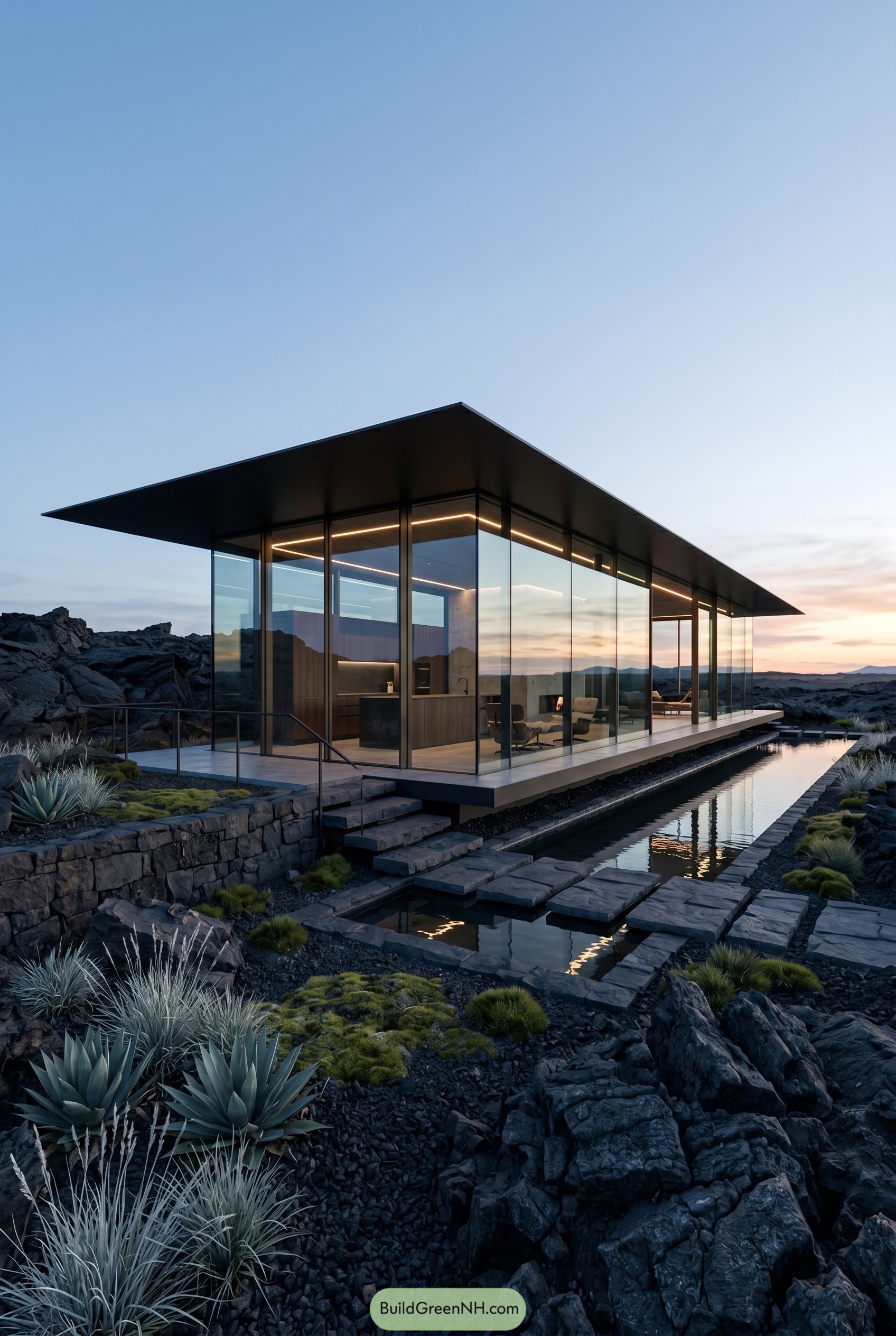 Minimal glass house above a desert reflecting pool