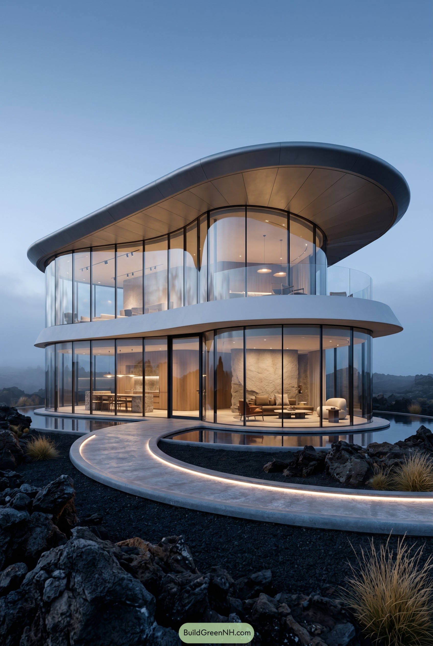 Curved two story glass house with a sweeping roof on rocky ground