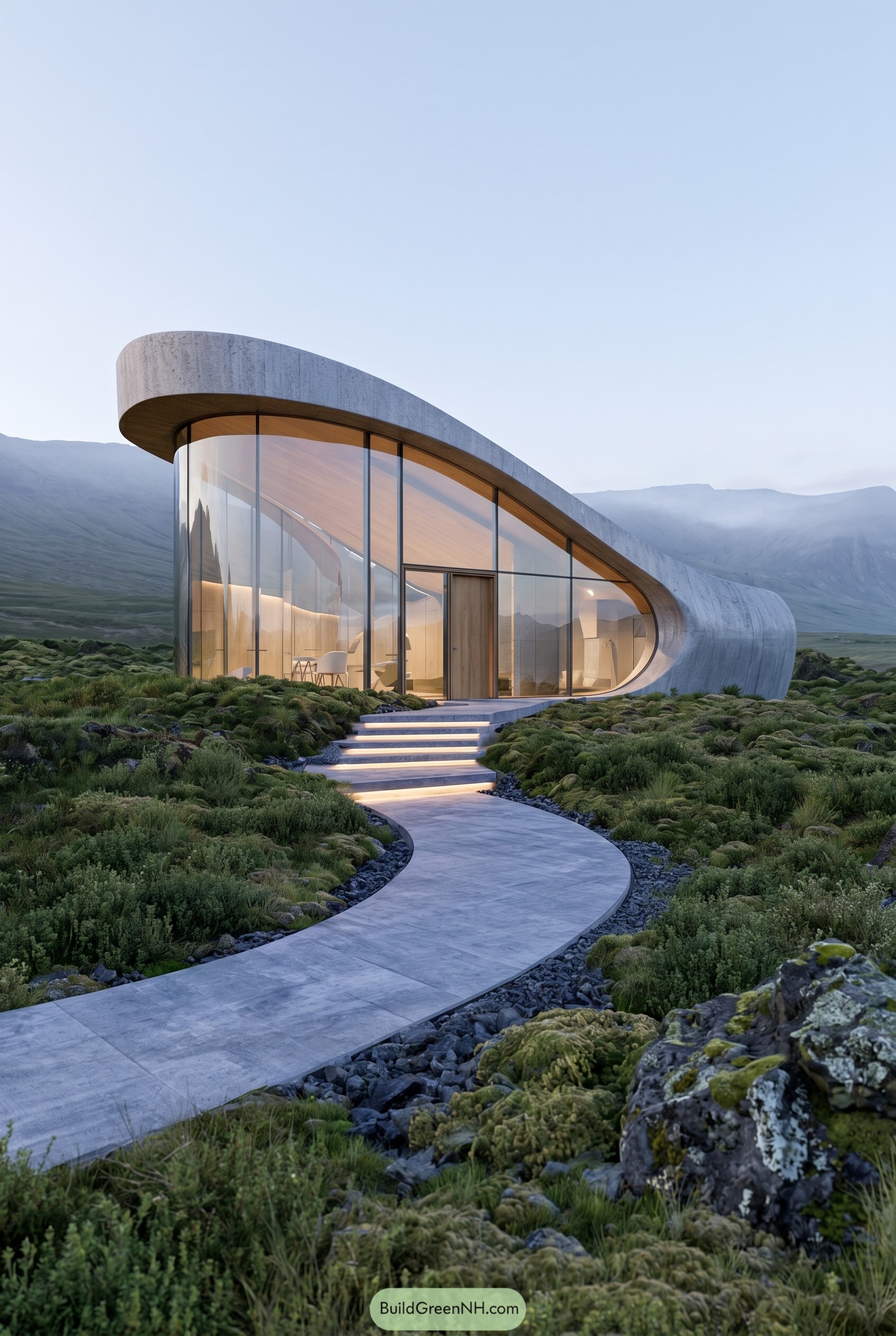 Curved glass house in a mossy mountain valley