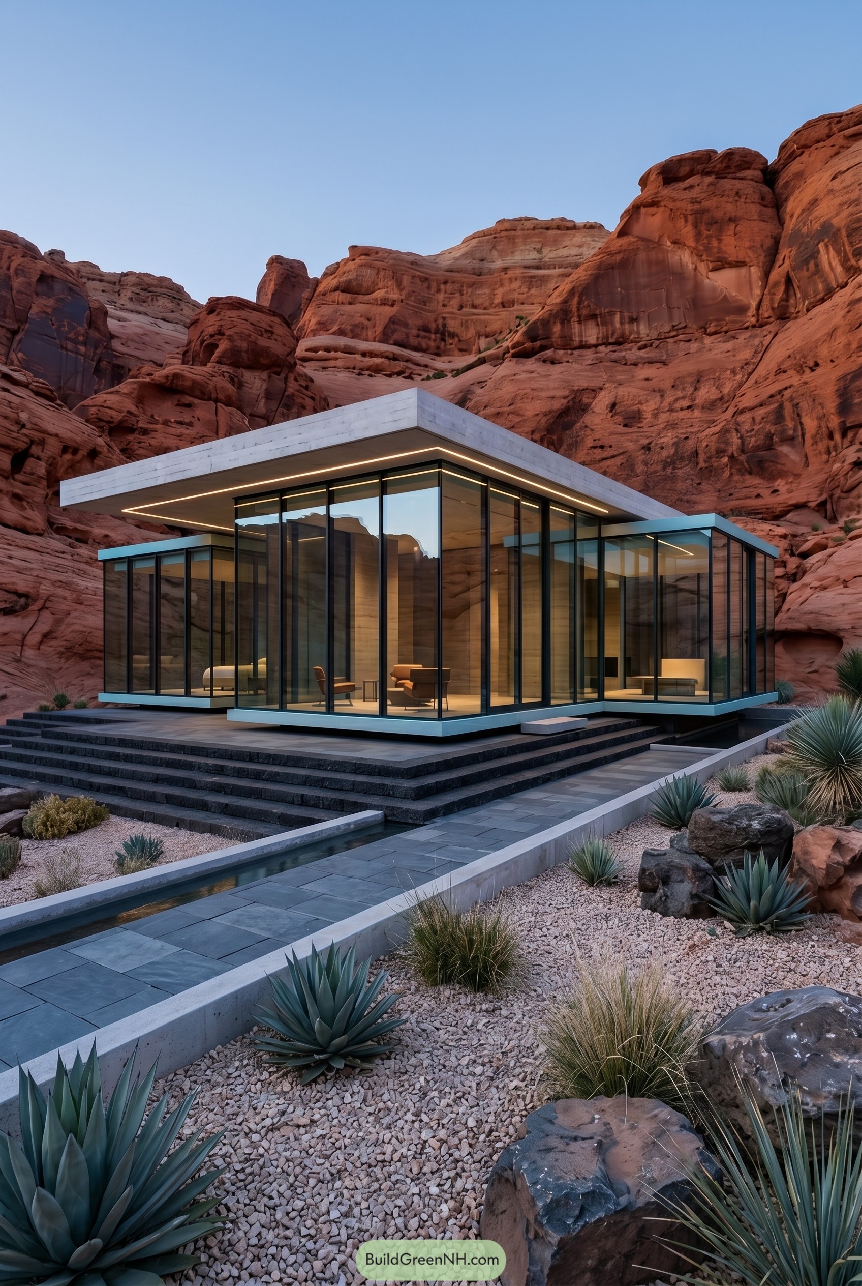 Modern glass house beneath red canyon cliffs