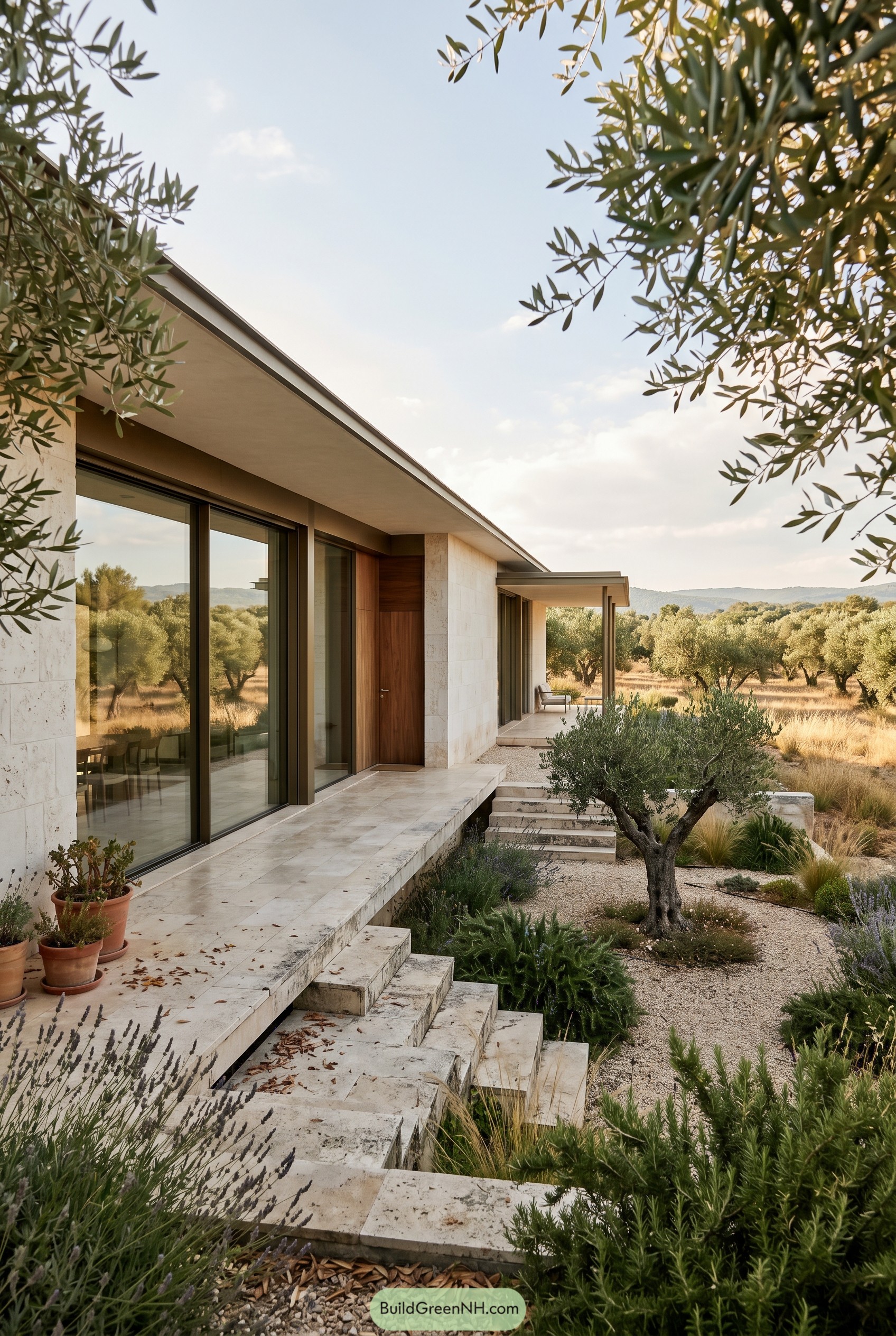 Modern glass house in an olive grove