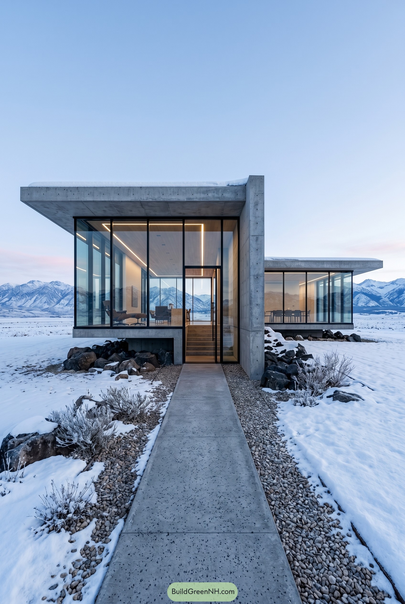 Modern glass and concrete house in snow