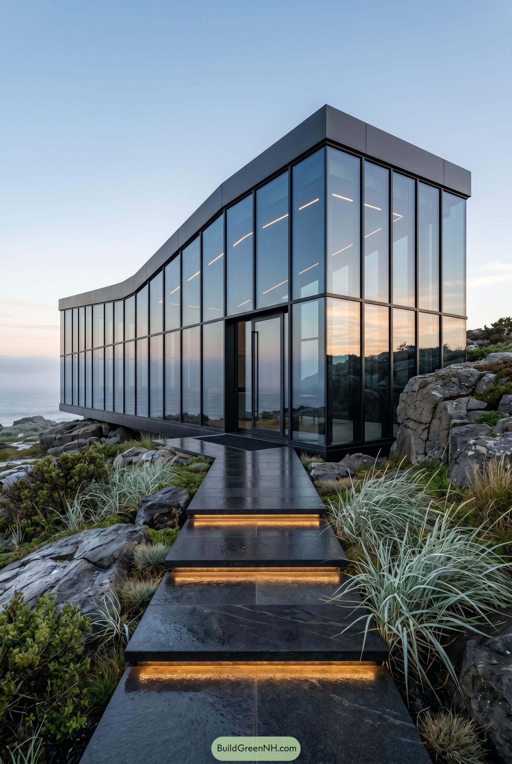 Angular glass house on rocky coast