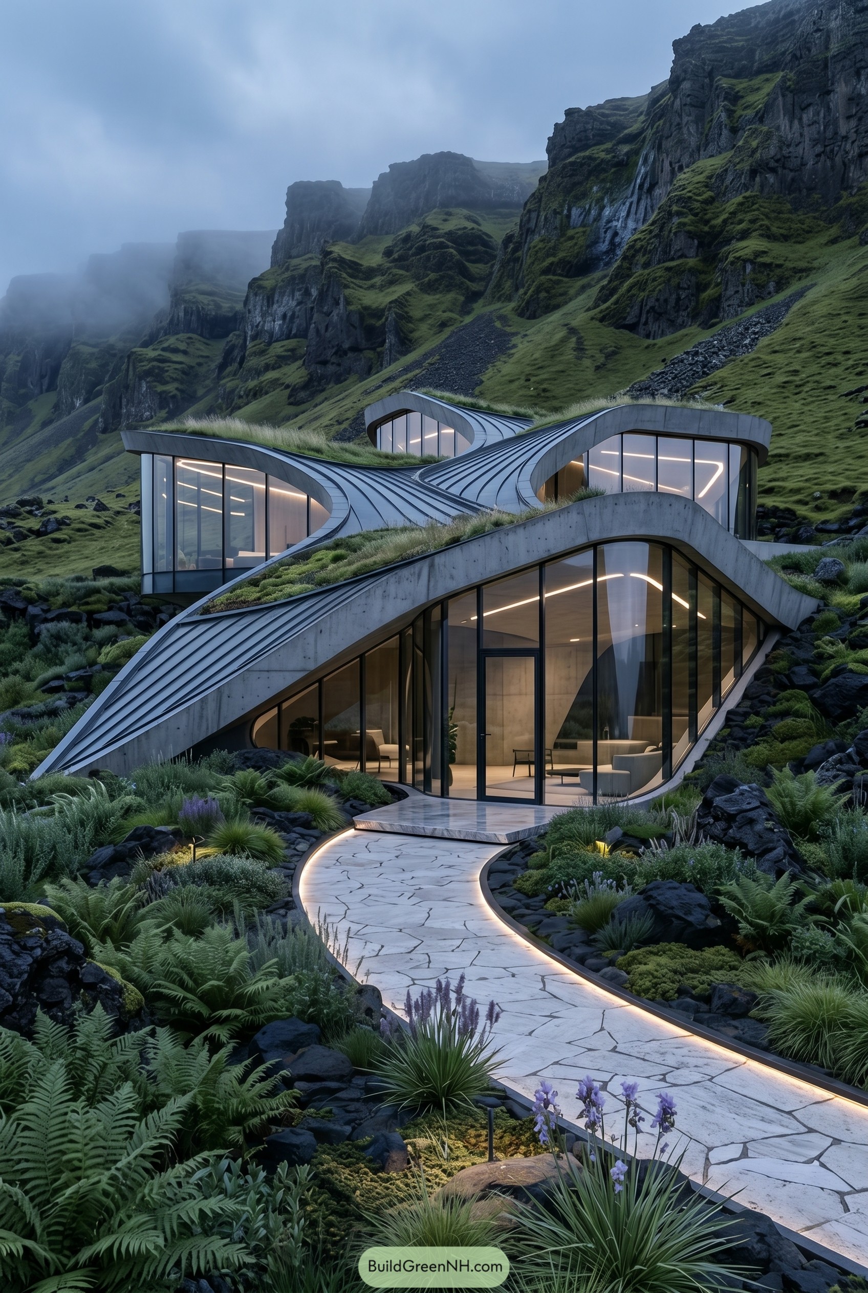 Curved glass house with green roof beneath misty cliffs