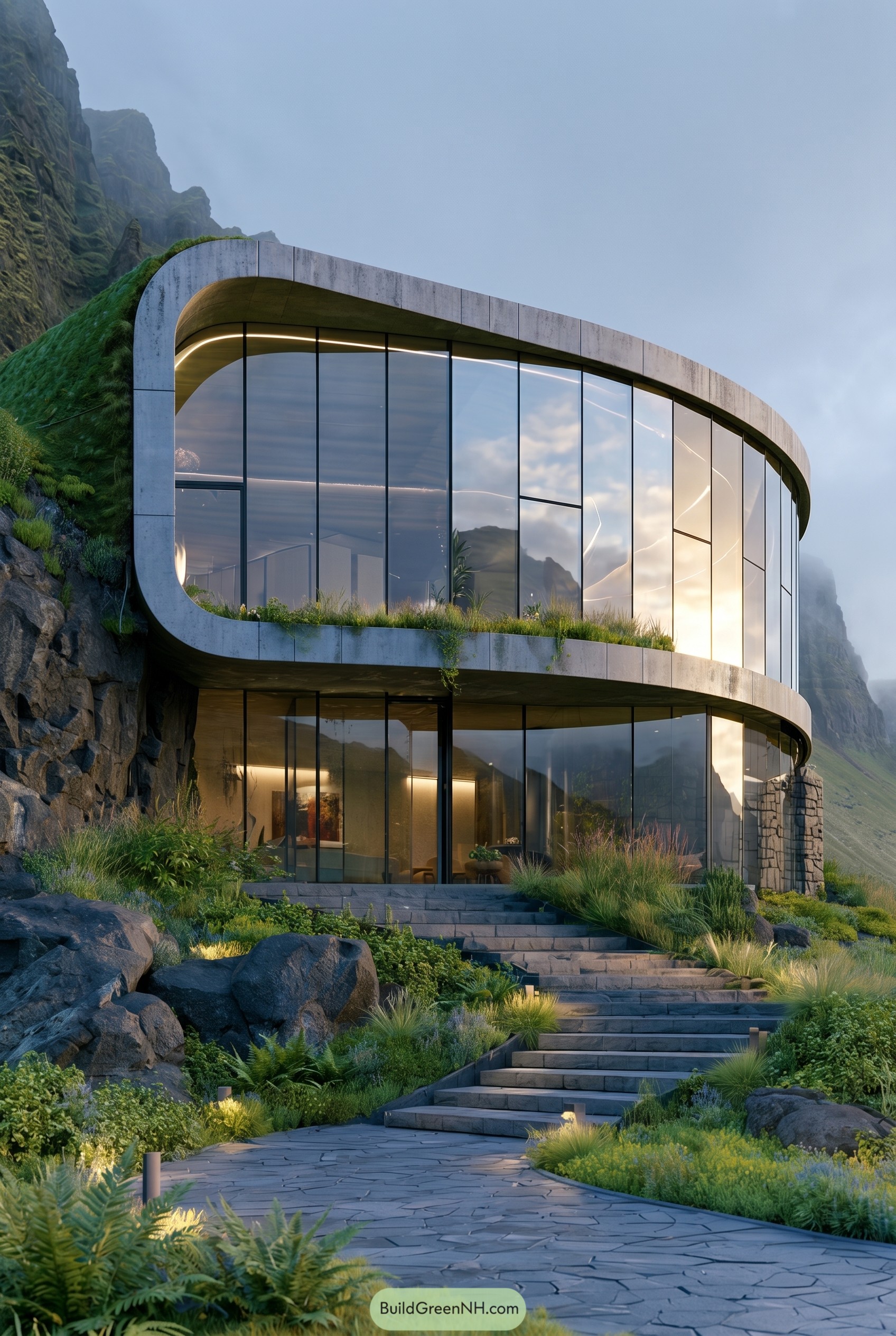 Curved glass hillside house with green roof