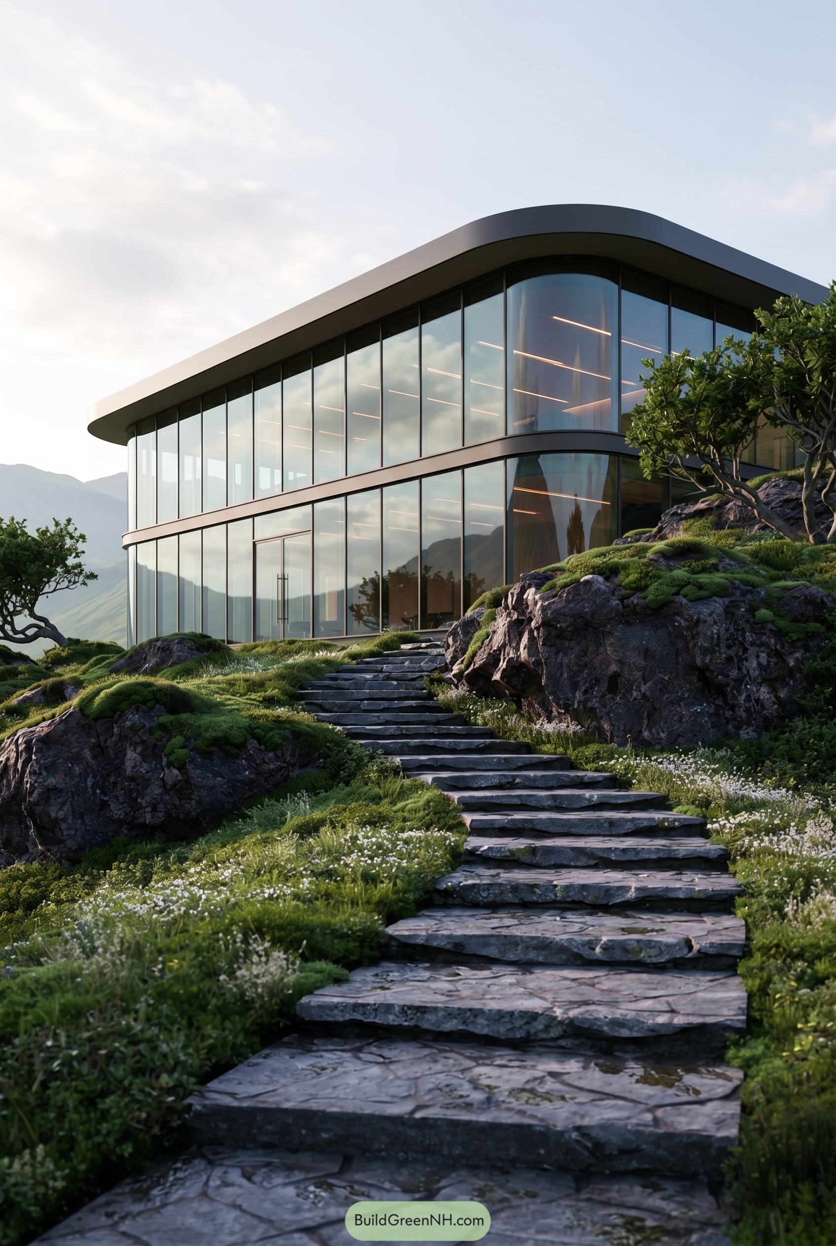 Curved glass house on a rocky hillside