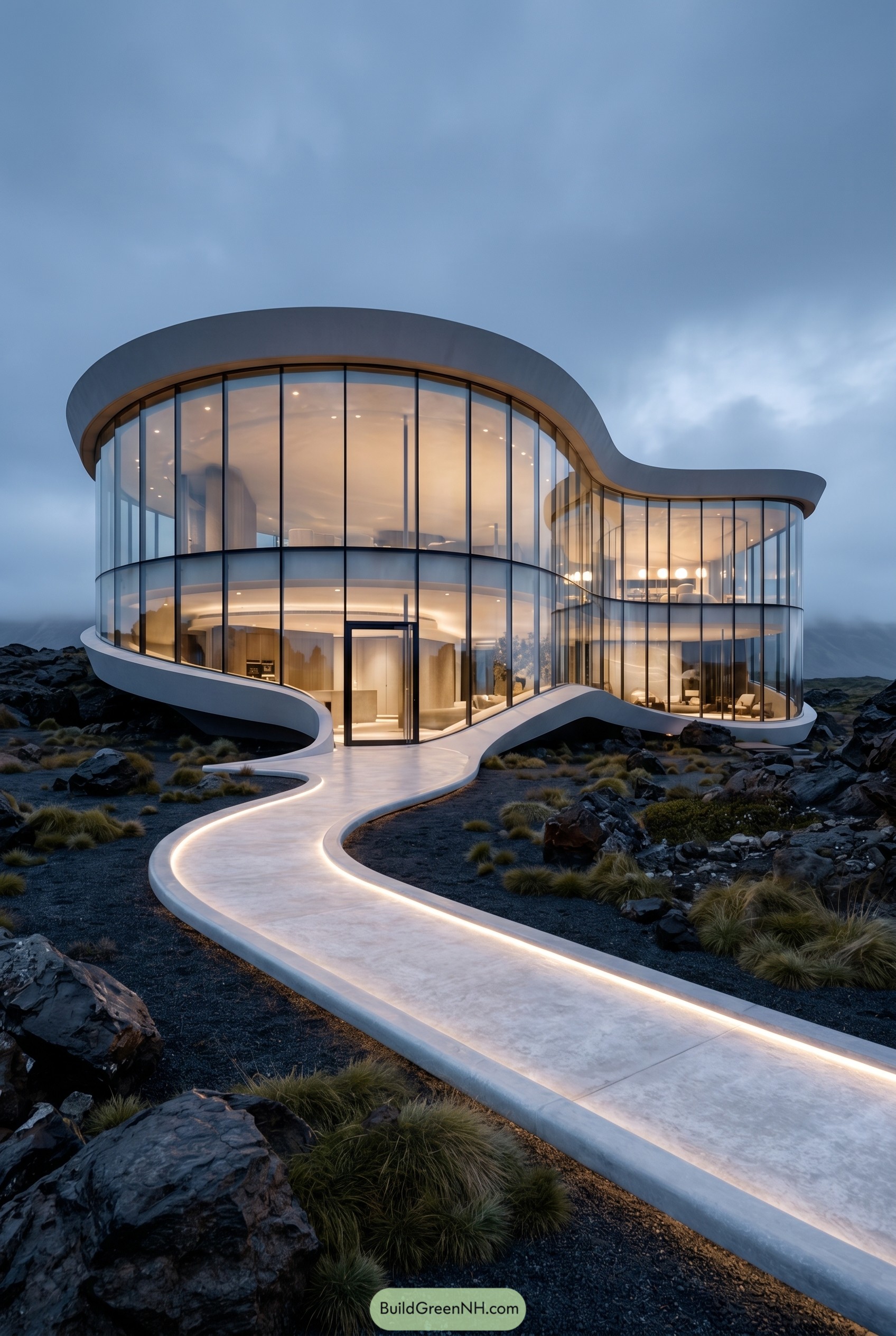 Curved two story glass house on rocky terrain