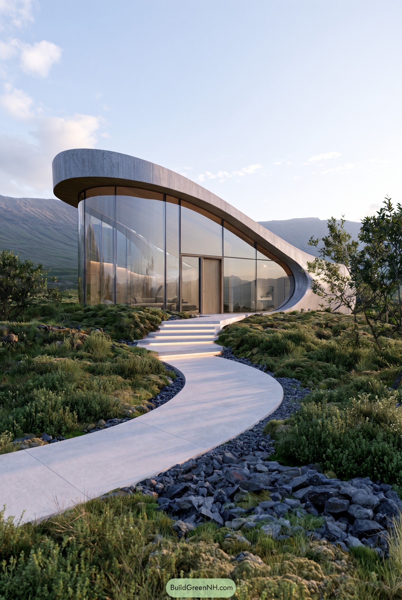 Curved glass home beneath a sweeping roof