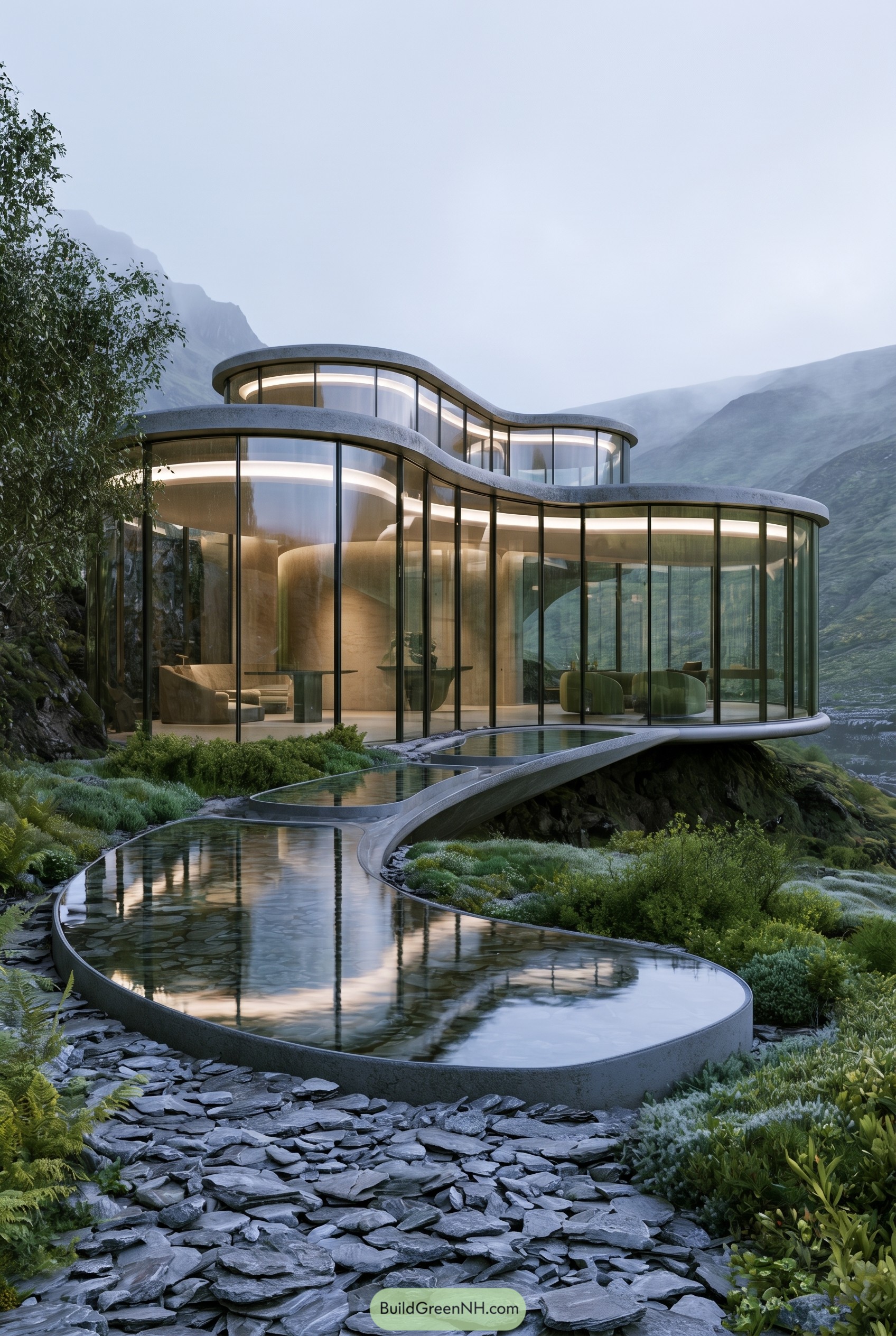 Curved glass house with reflecting pool in misty mountains