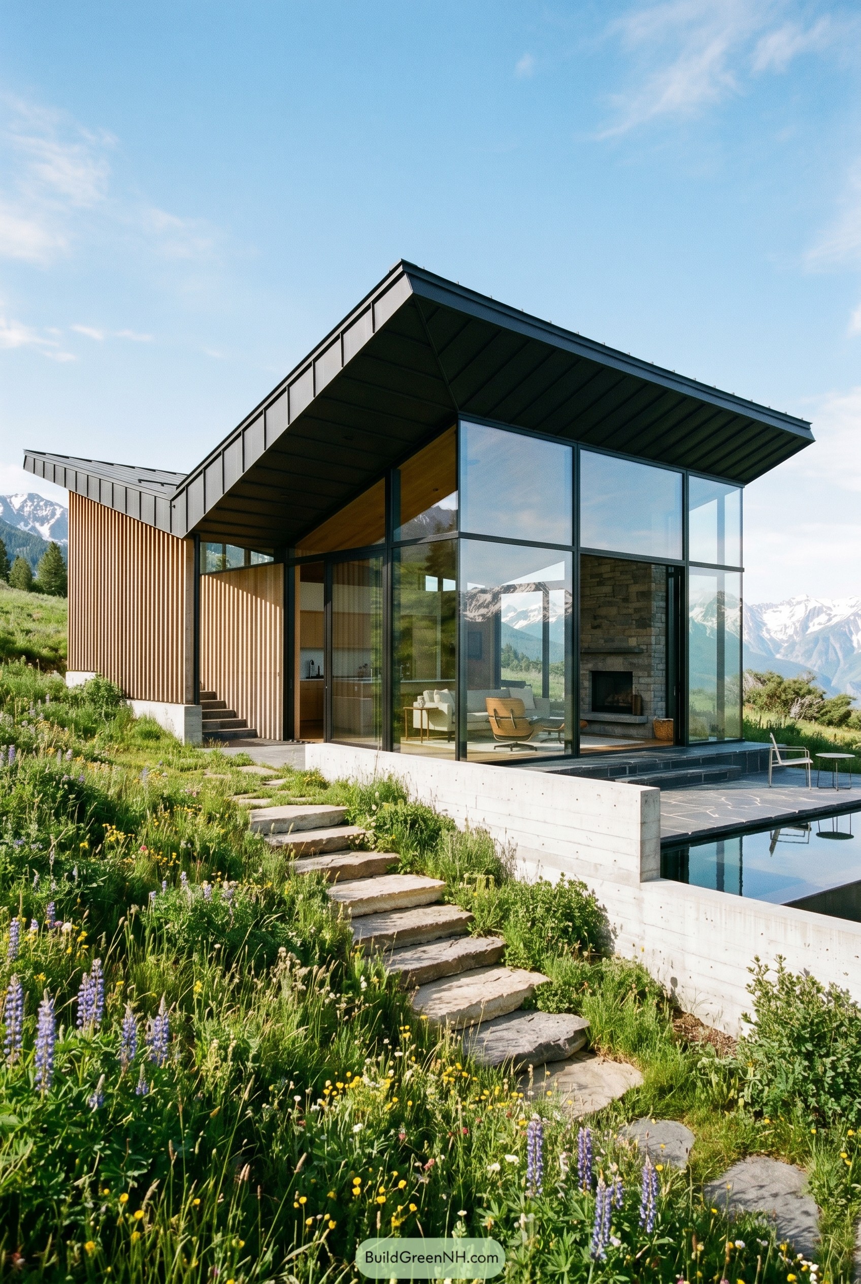 Angular glass house on a wildflower hillside