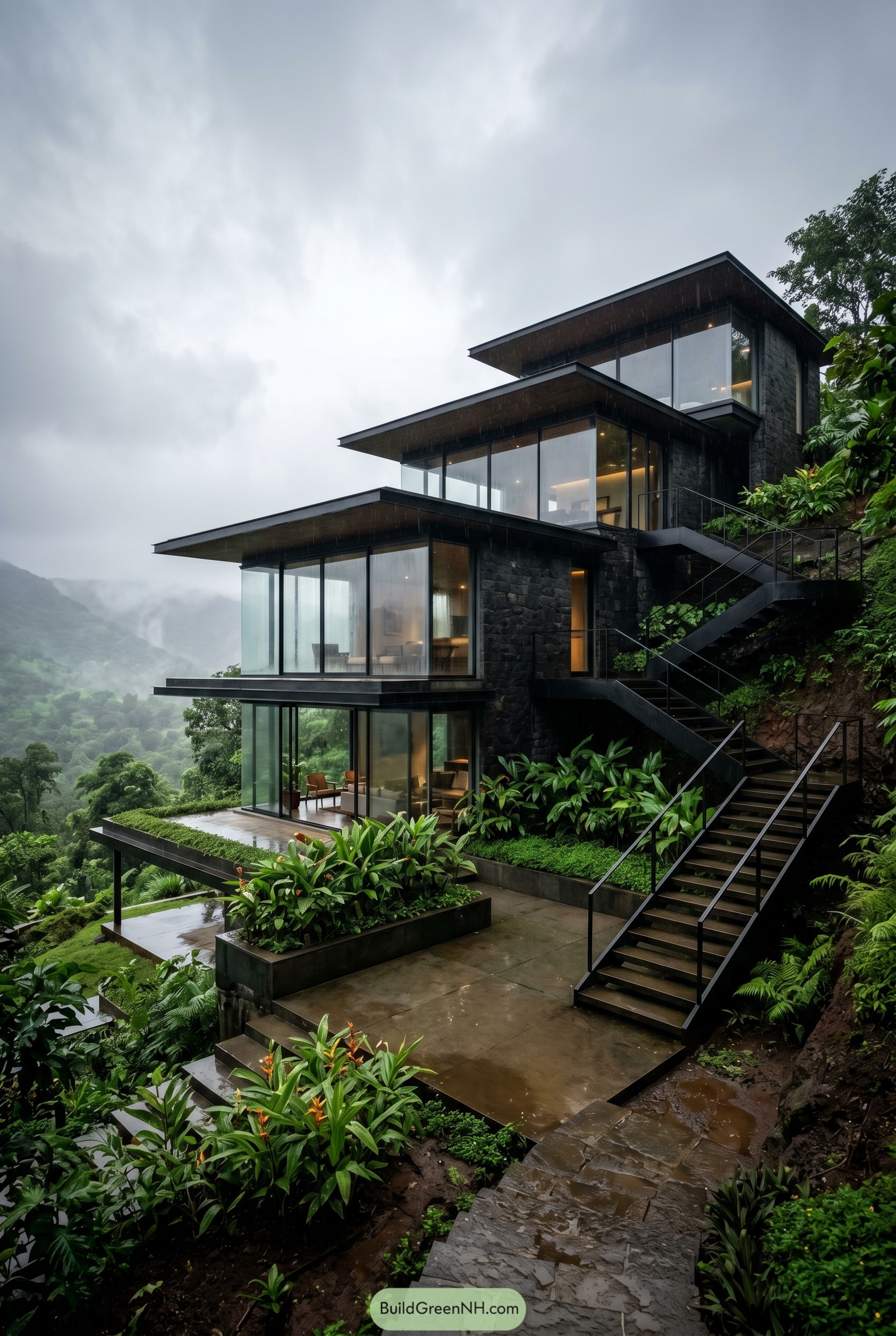 Tiered glass residence on a rainy slope
