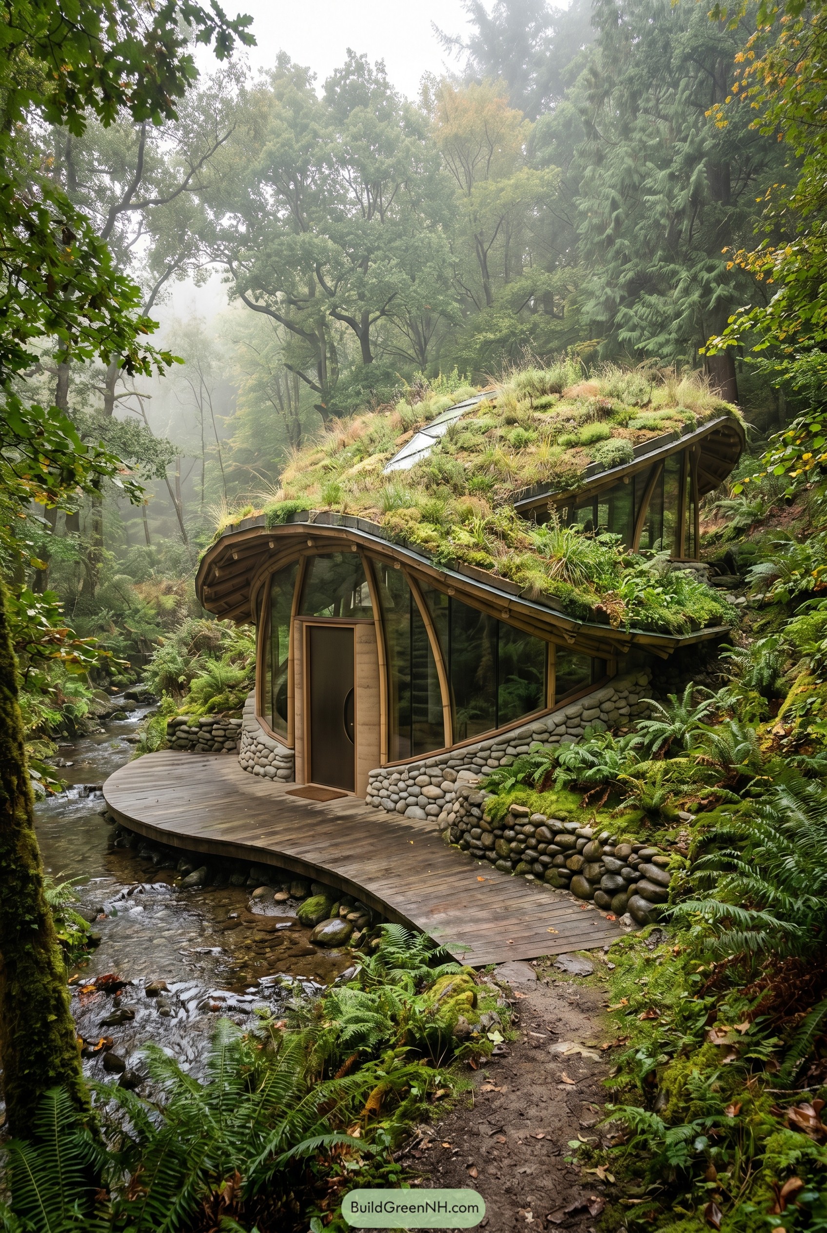 Curved glass cabin with living roof beside a forest stream