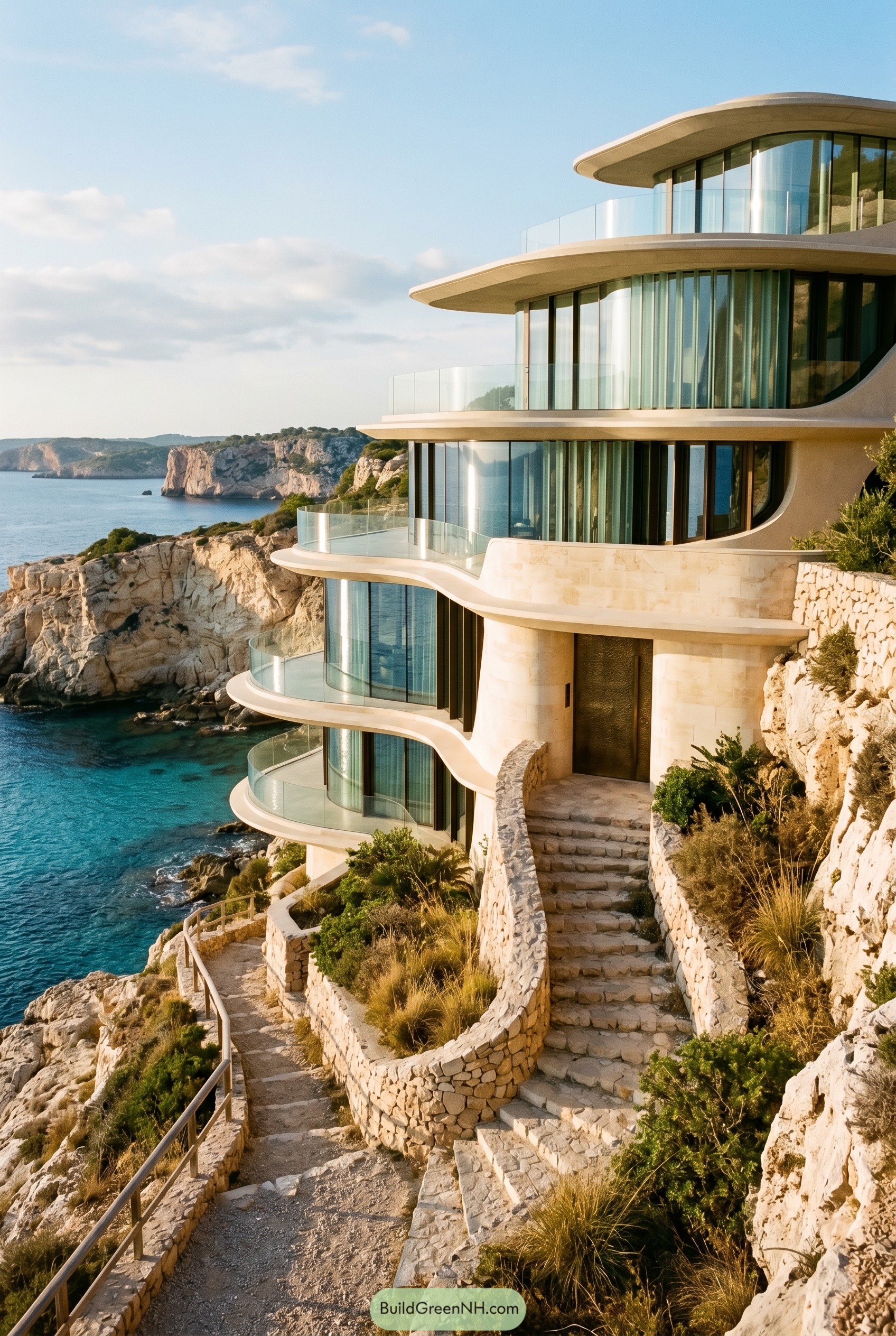 Curved glass villa set into a rocky coast