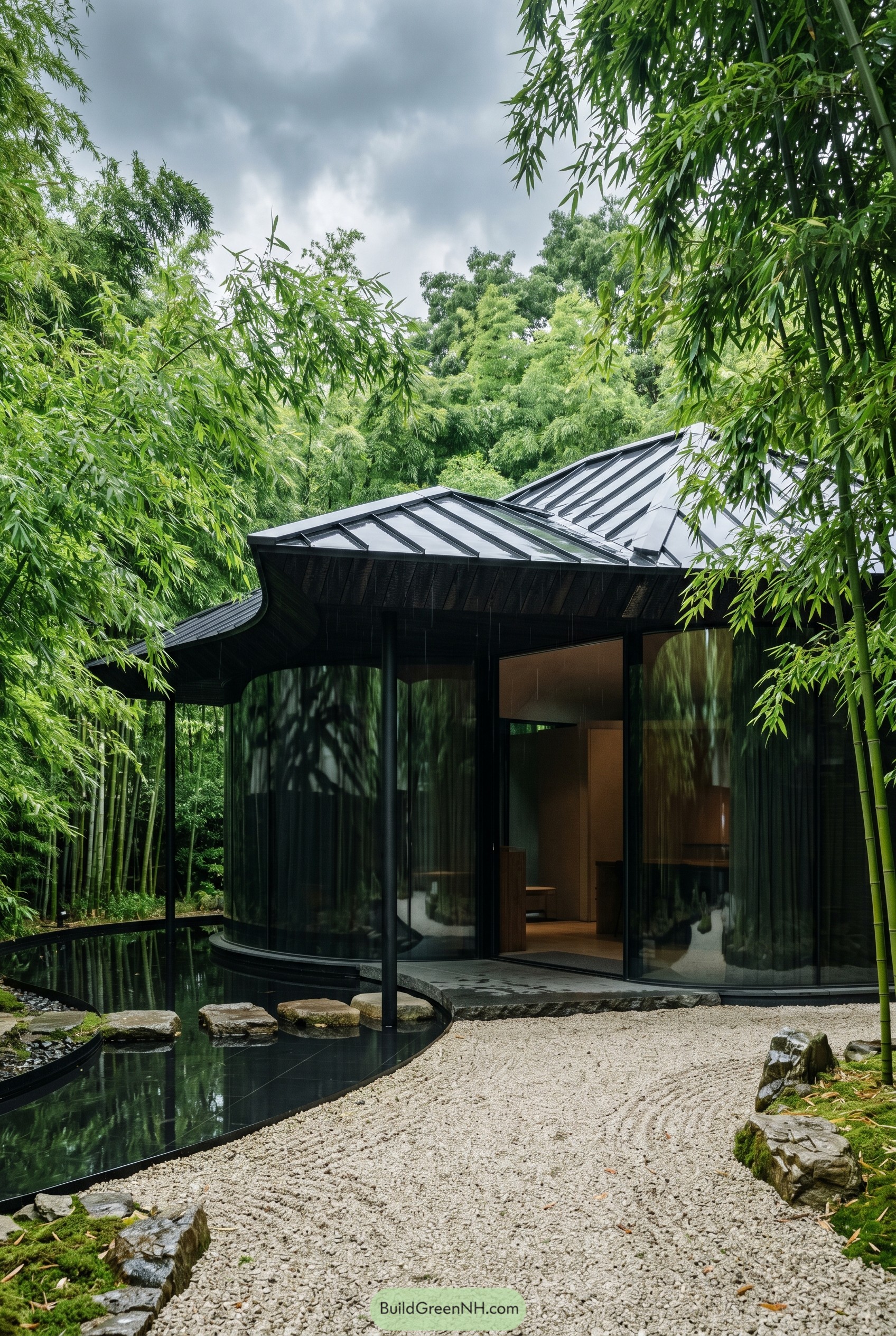 Black glass pavilion beside reflecting pool