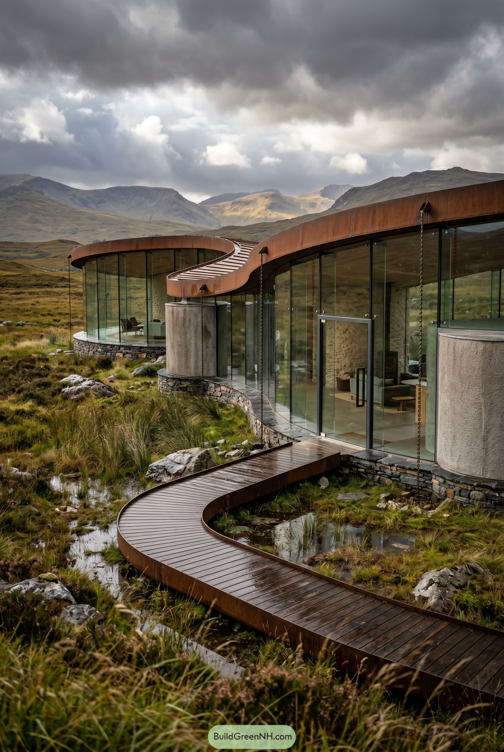 Curved glass house with winding boardwalk in a mountain marsh