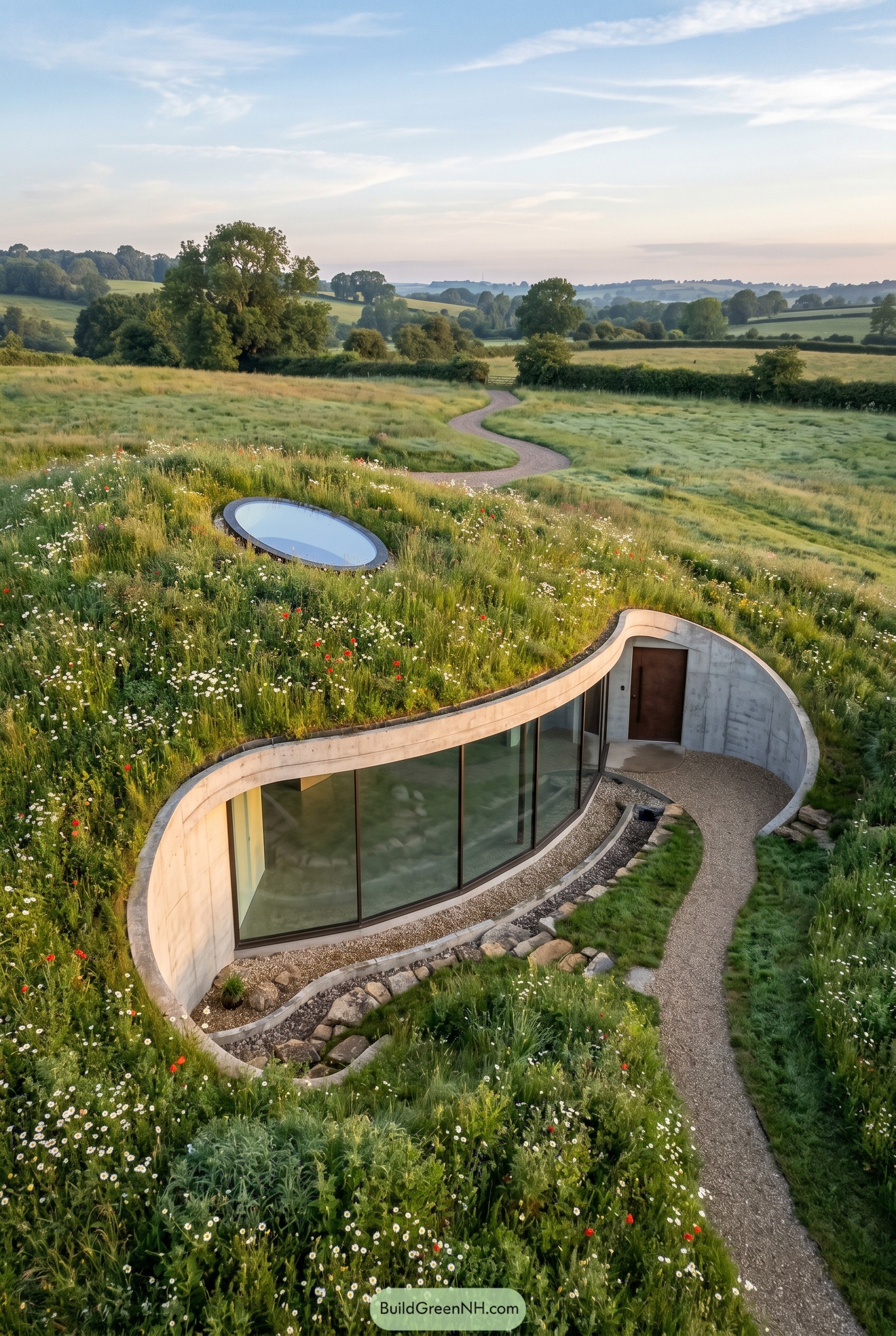 Curved glass earth house beneath a wildflower roof