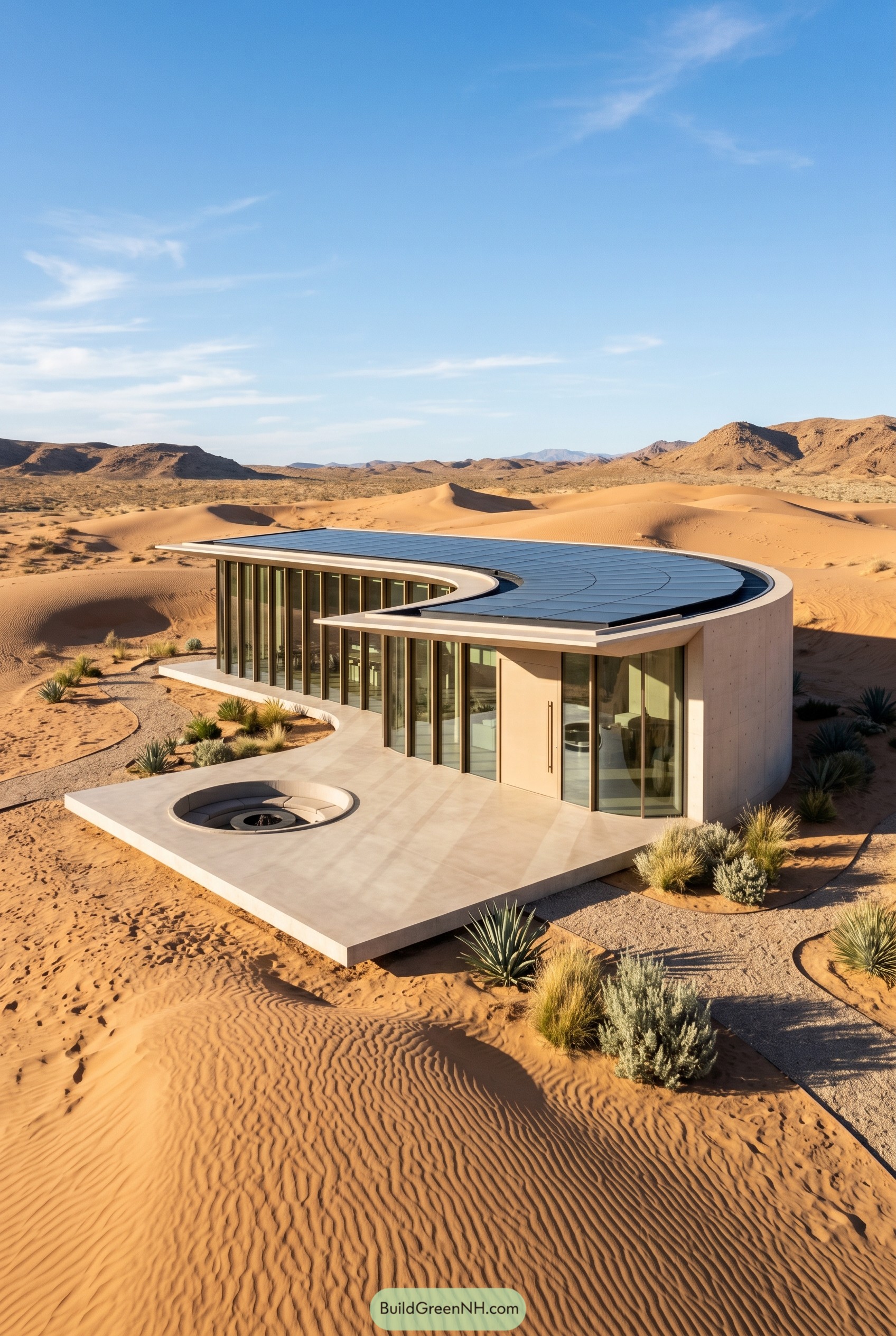 Curved glass desert house with solar roof