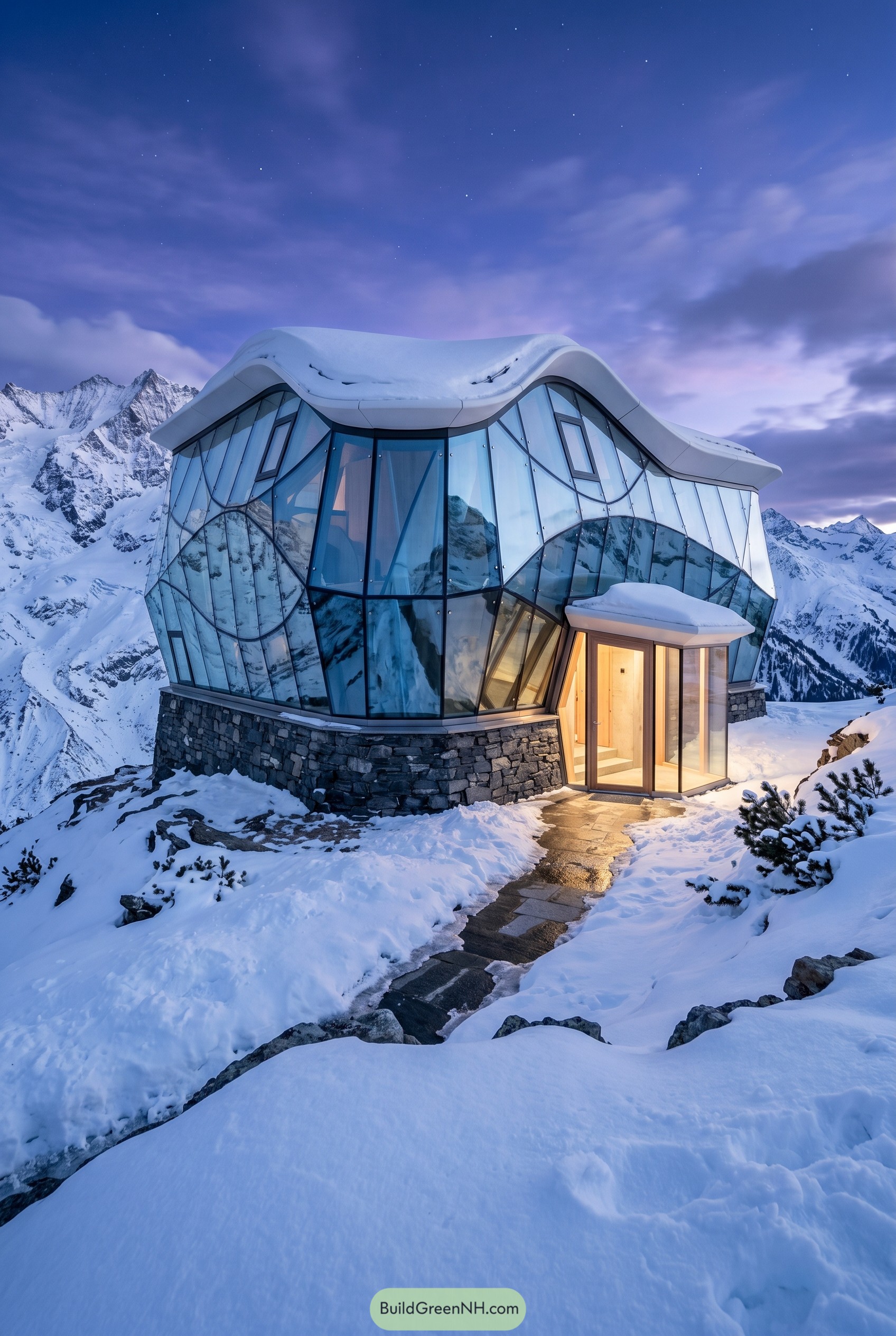 Curved glass mountain house in snow