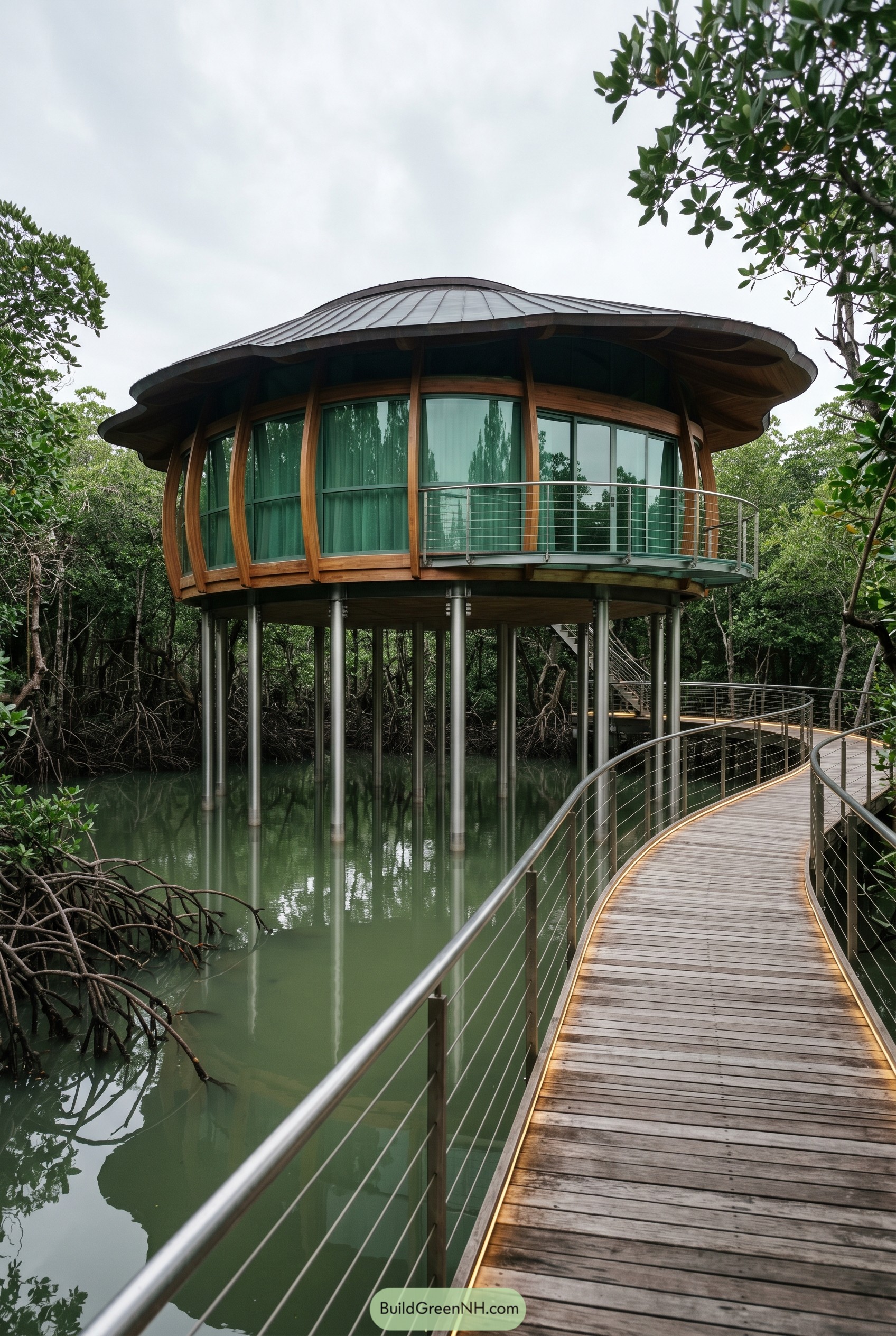 Round glass house on stilts in mangroves