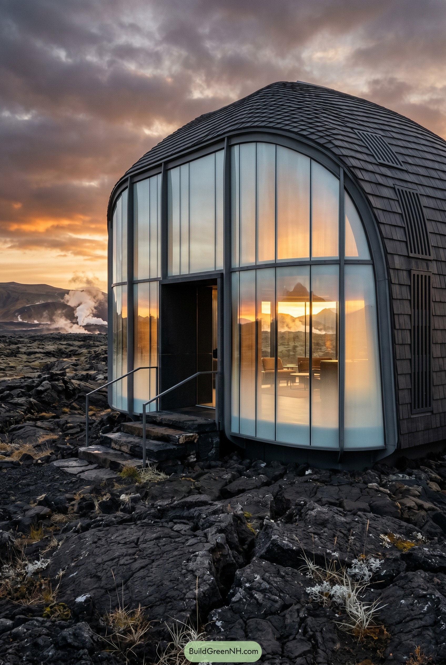 Curved glass house on black lava field at sunset