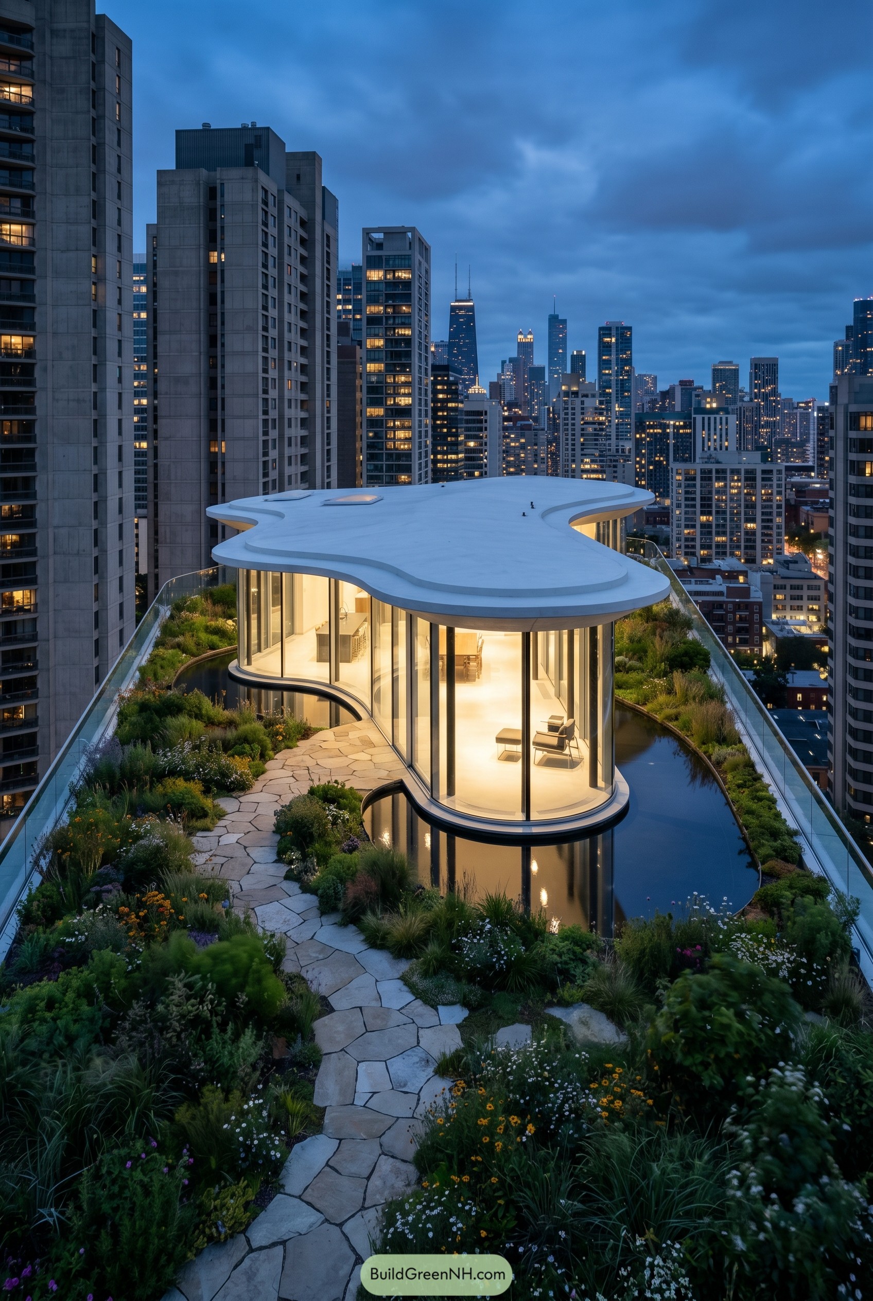 Curved glass rooftop home with garden pools