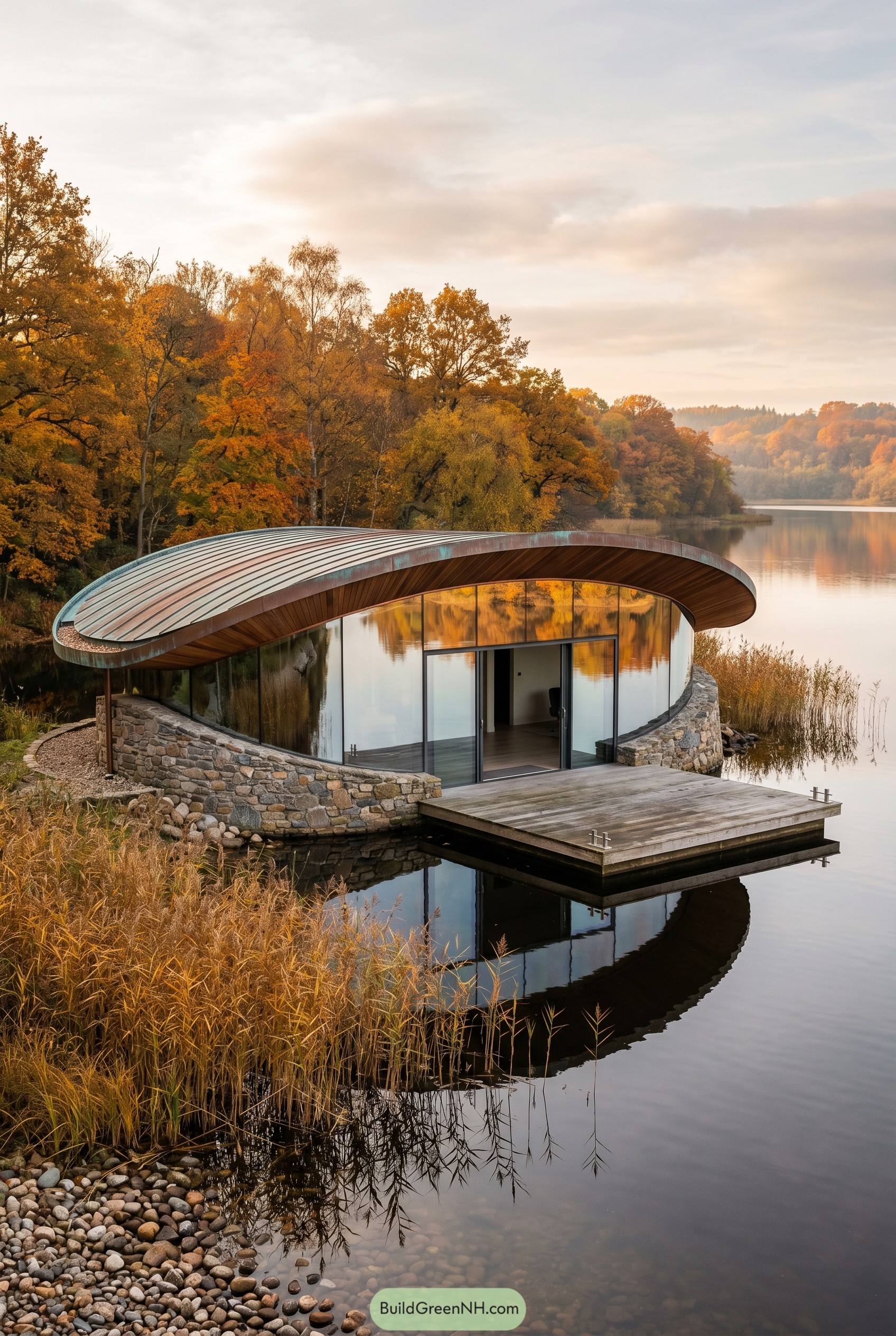 Curved glass lakeside house with stone walls