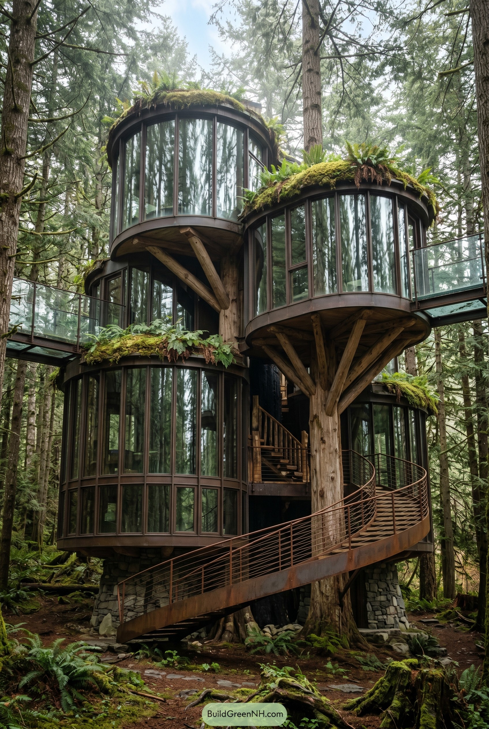 Round glass treehouse with mossy rooftop gardens in a dense forest