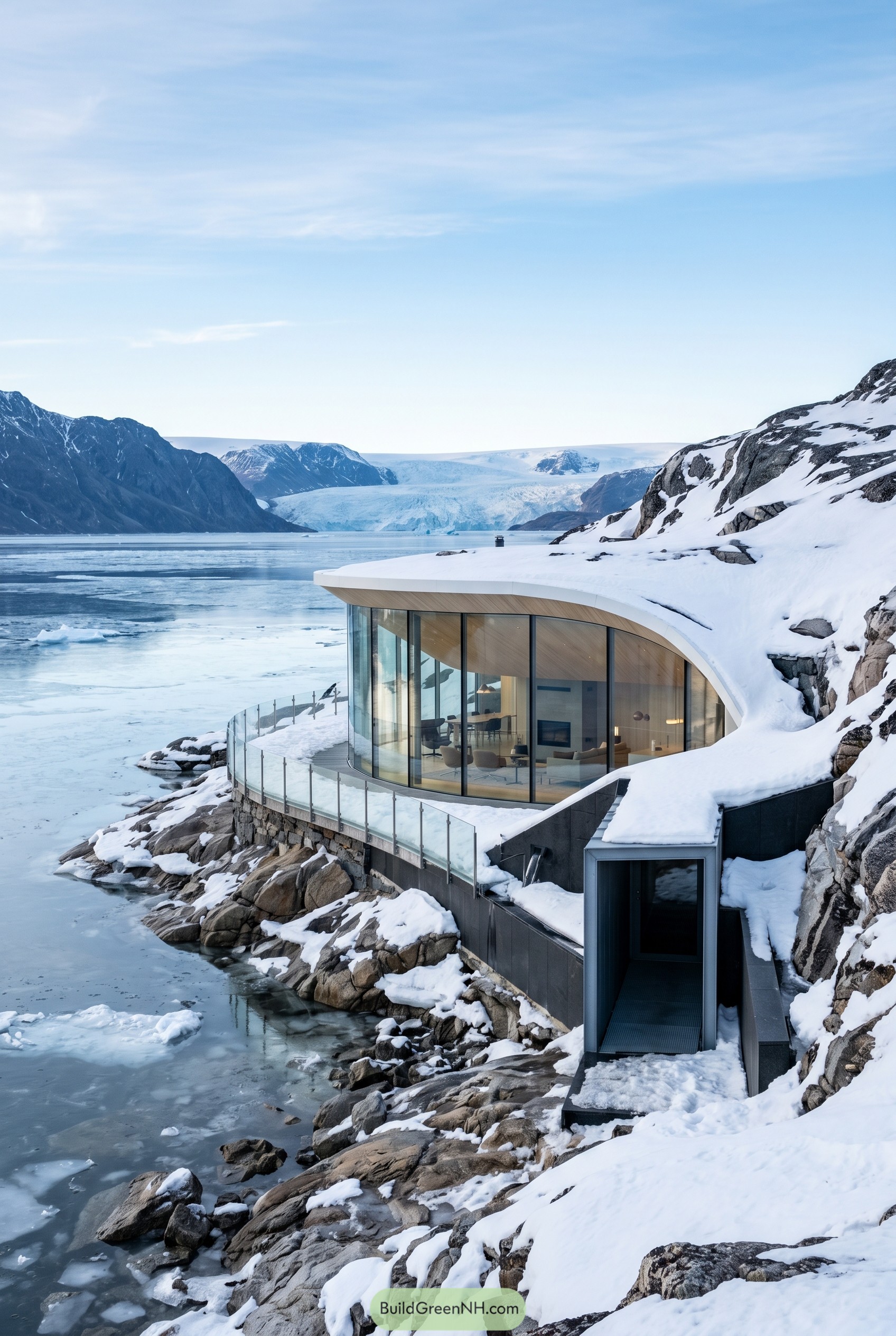 Curved glass house in a snowy fjord cliff
