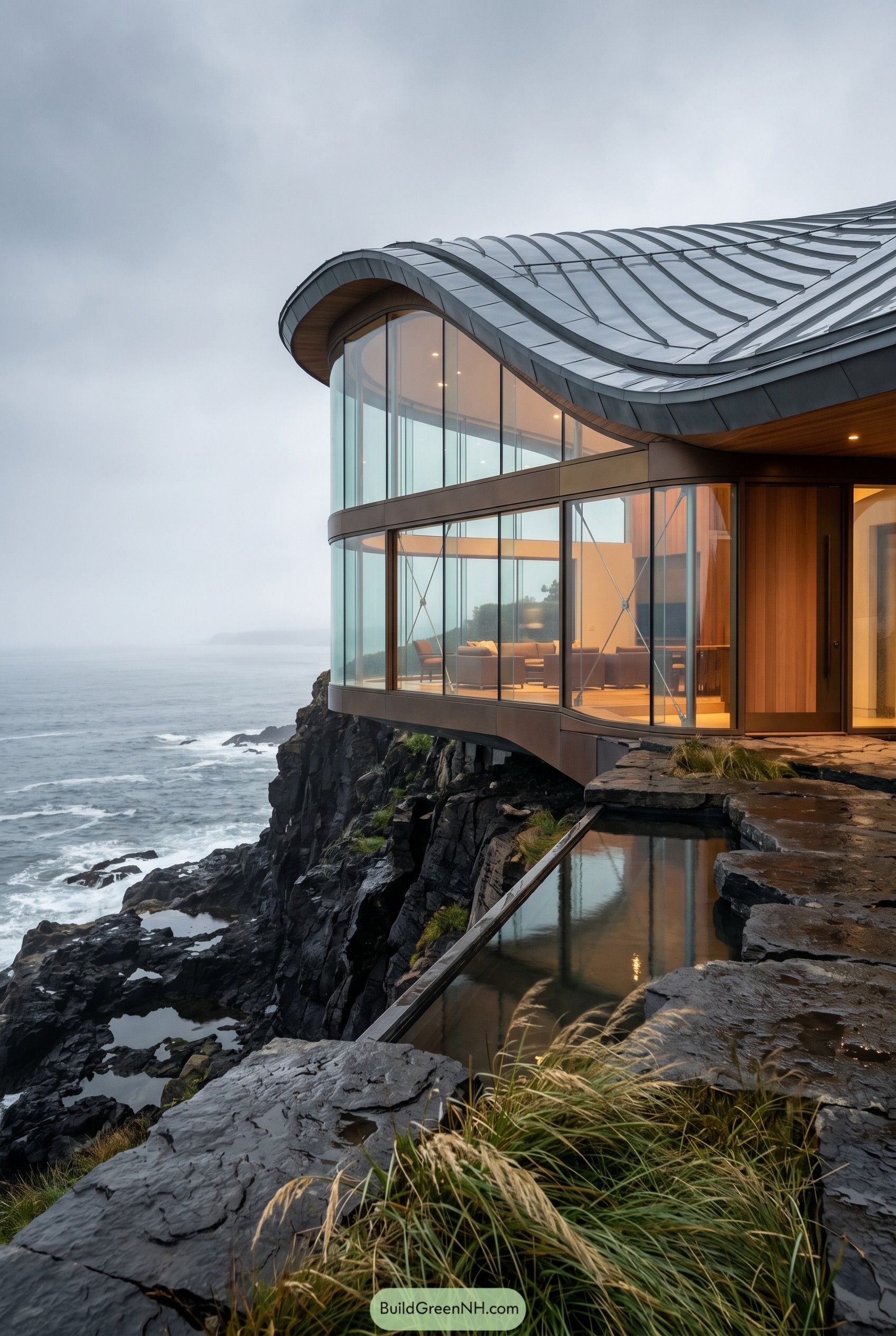 Curved glass cliff house above ocean waves