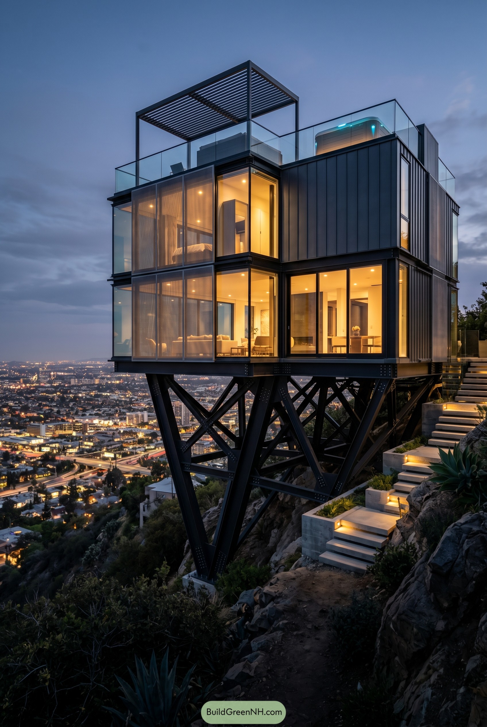 Steel stilt house above city at dusk