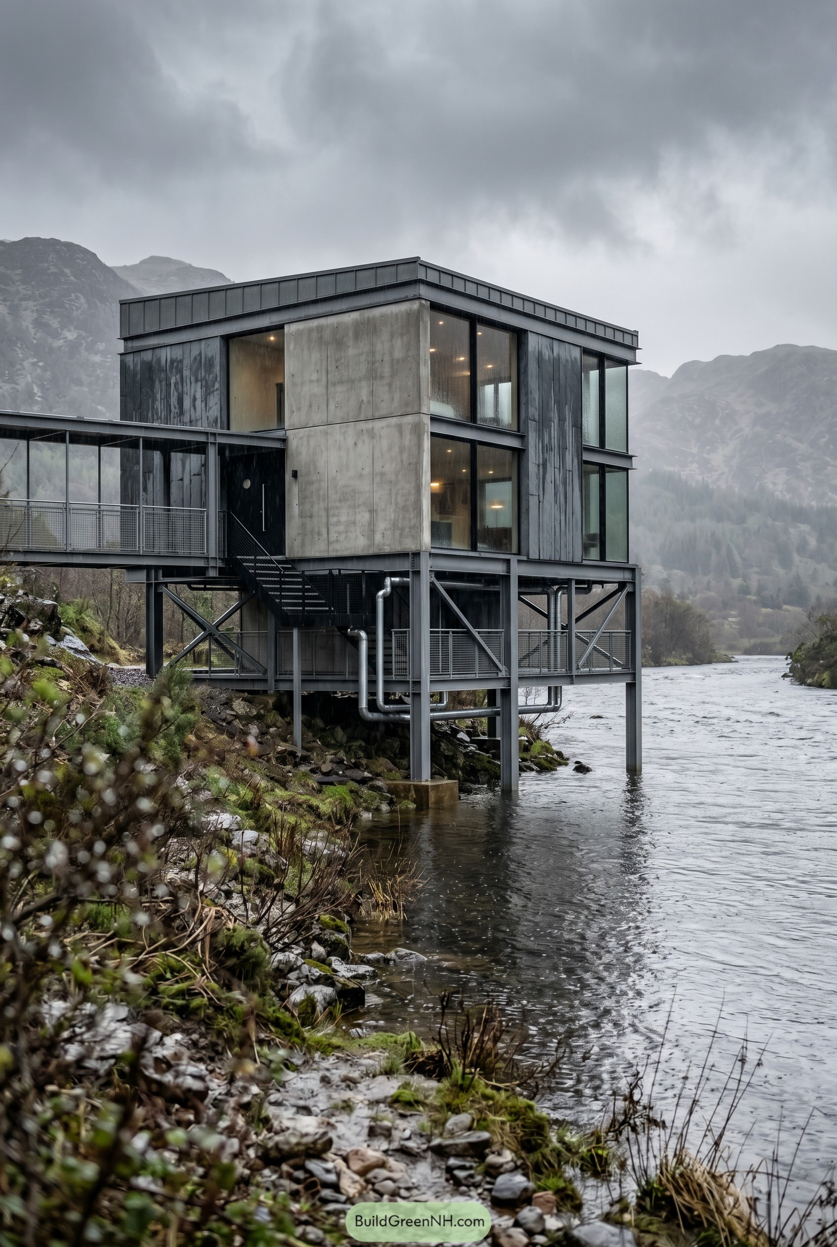 Modern steel stilt house above a river