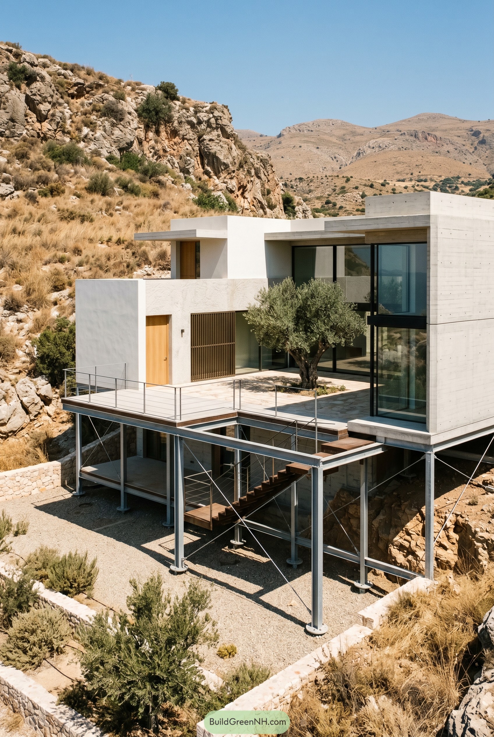 Modern hillside home on steel stilts