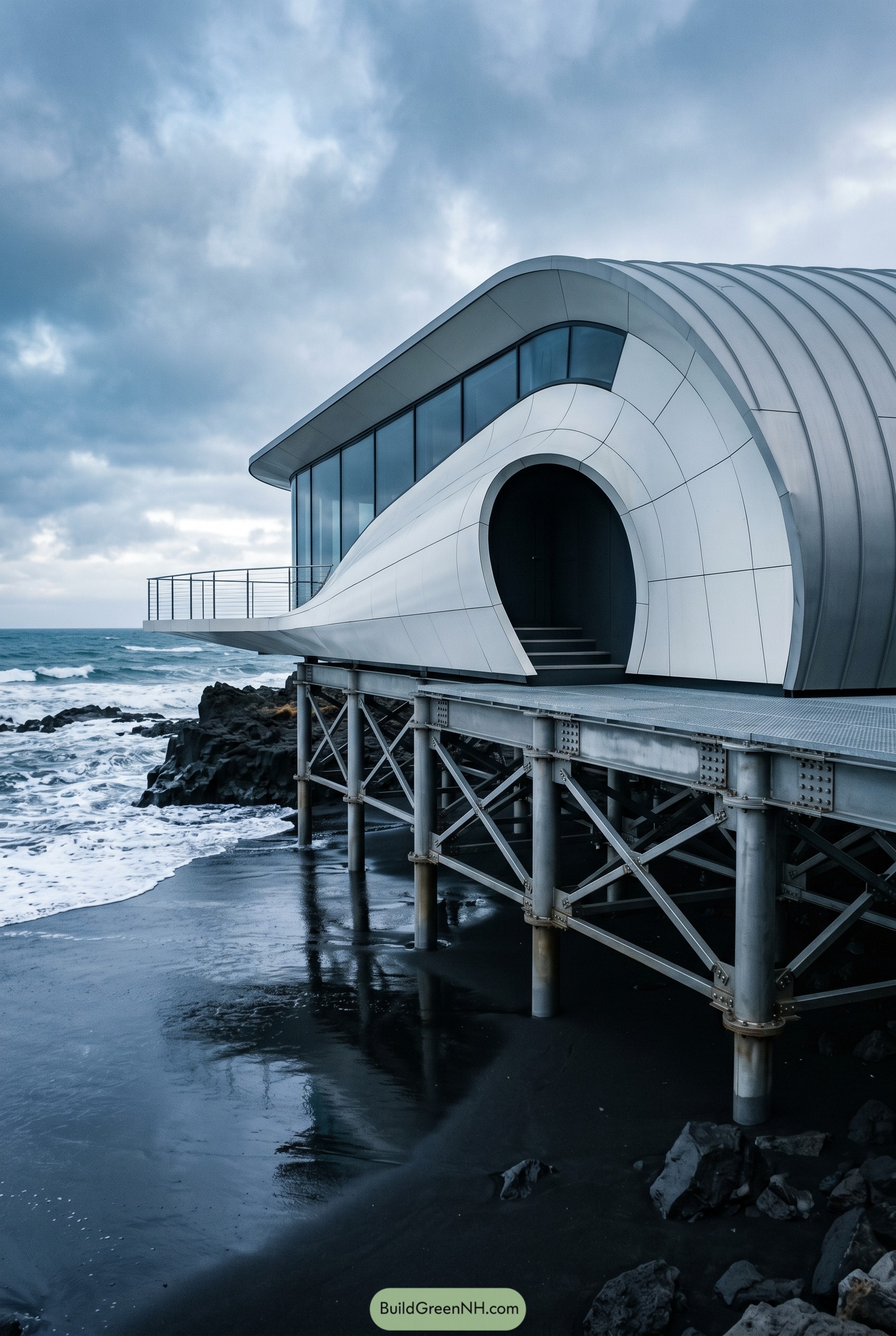 Curved seaside house on steel stilts