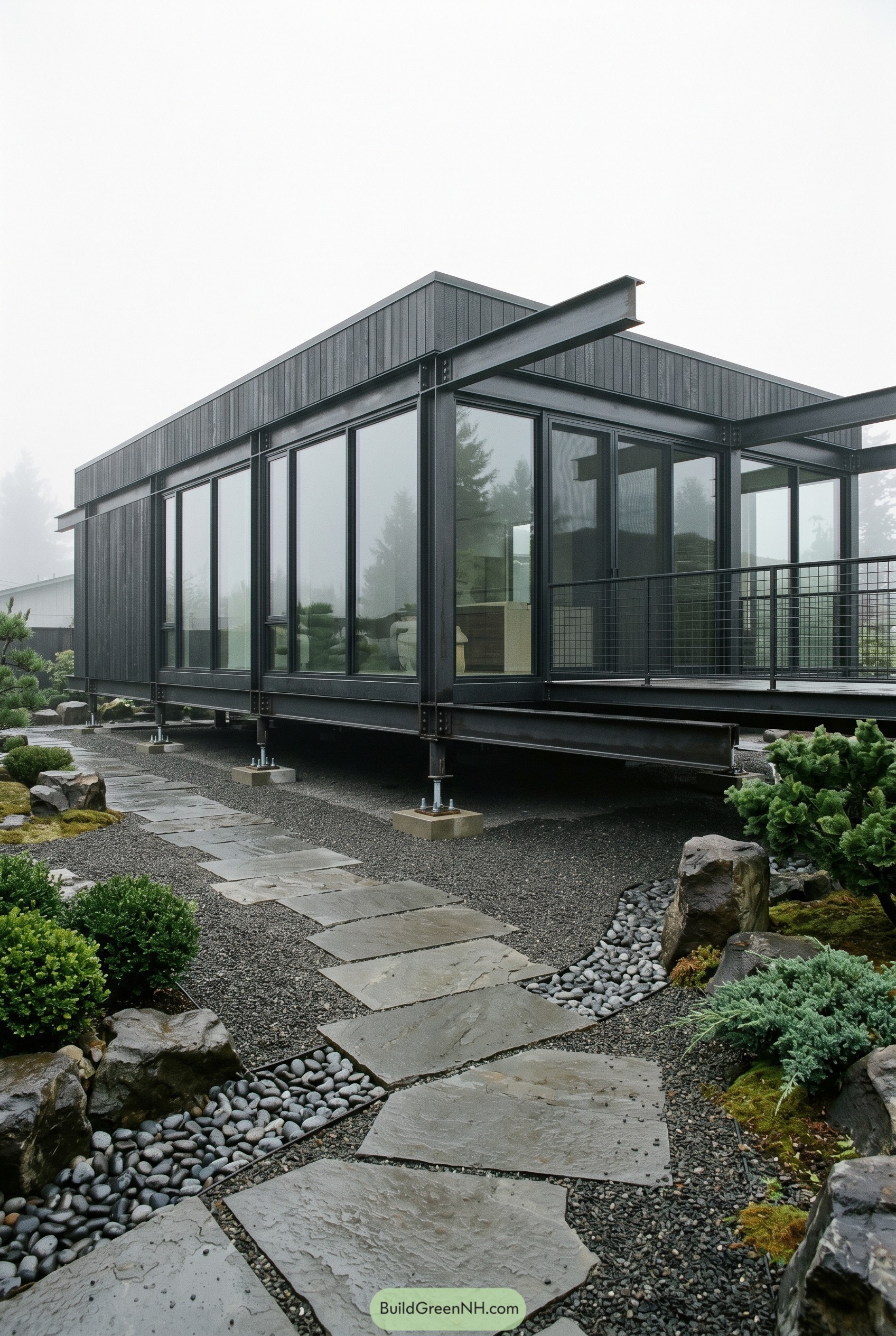 Black steel and glass house on piers
