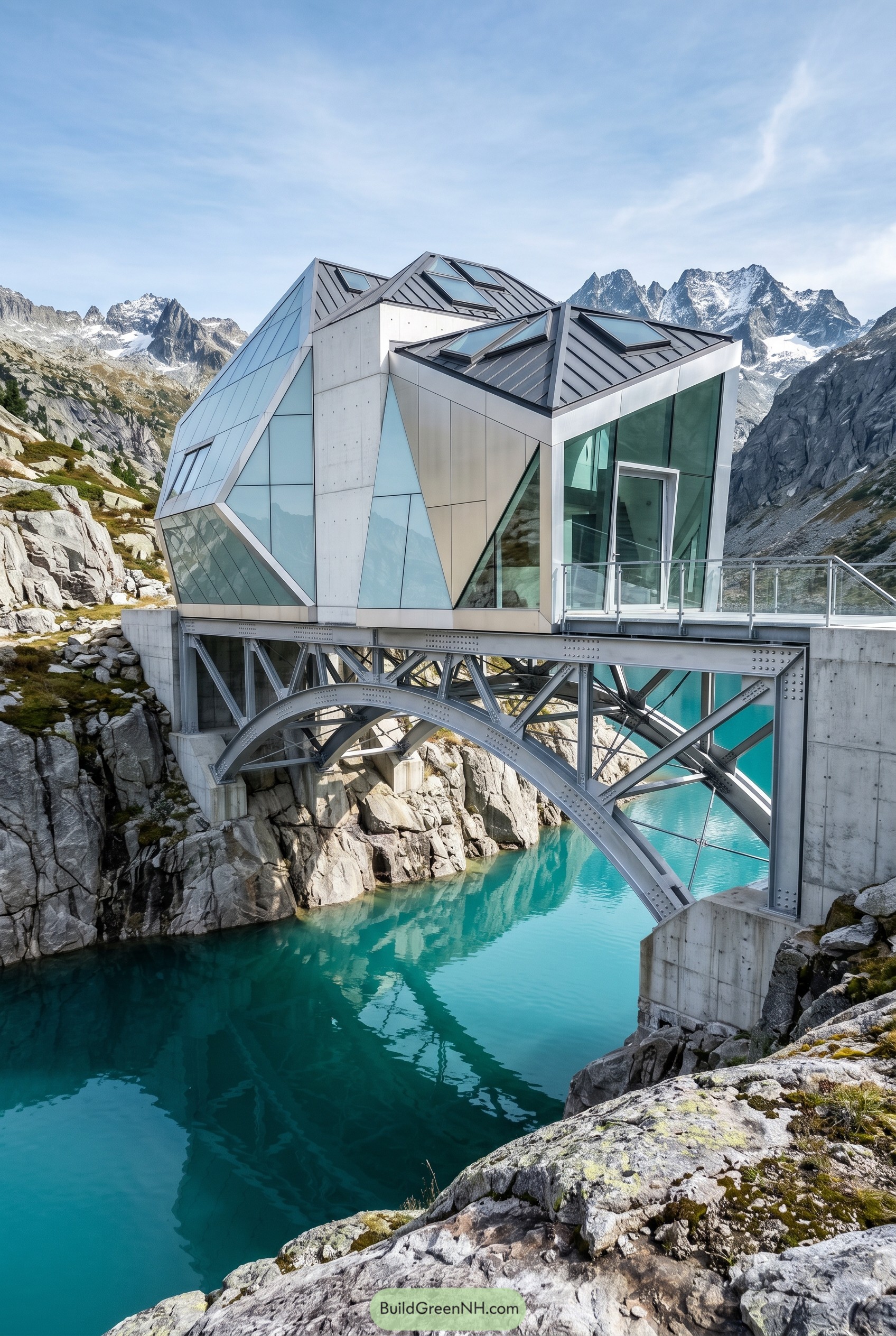 Faceted steel house bridged over a turquoise alpine inlet