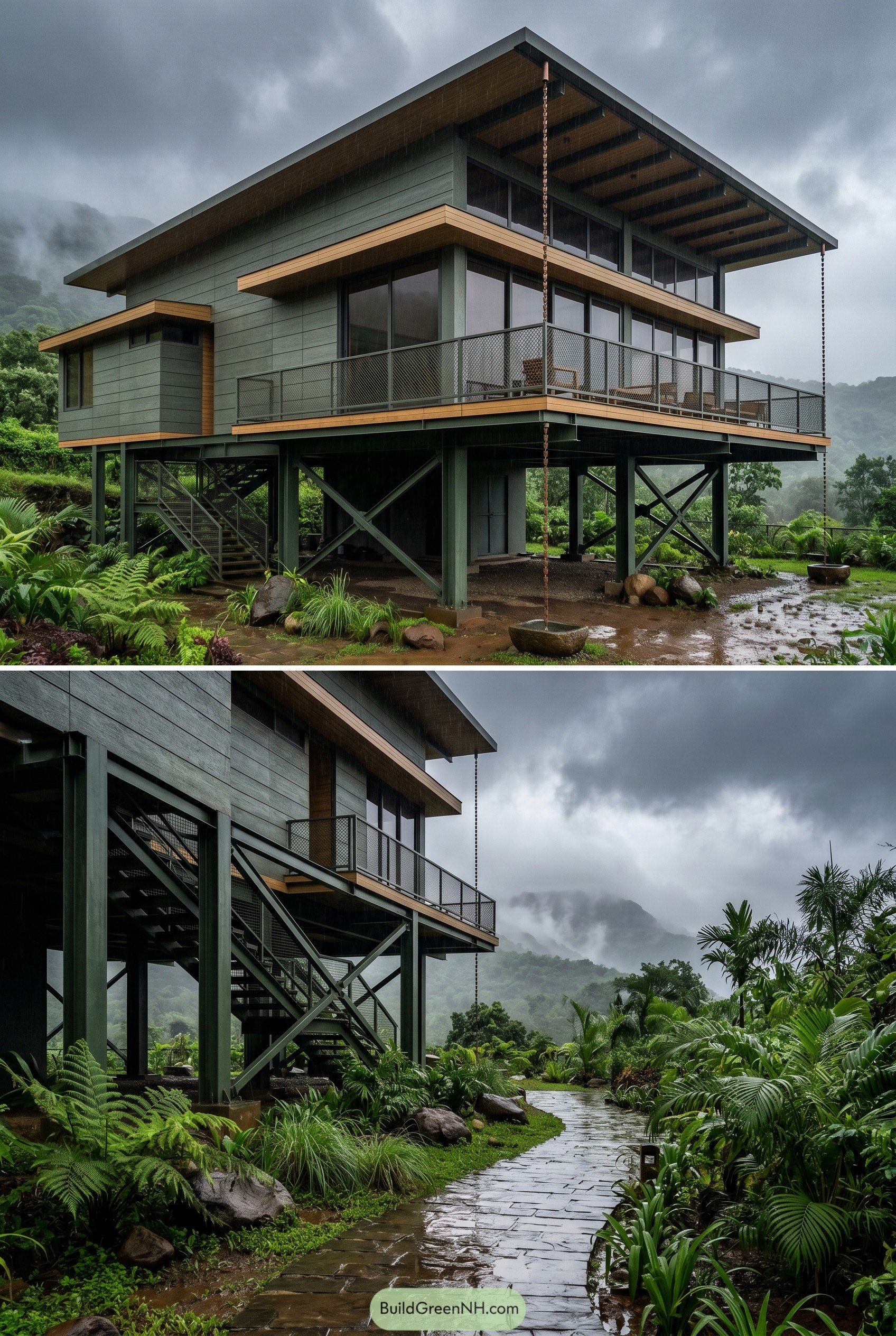 Elevated modern house on a steel frame in tropical rain