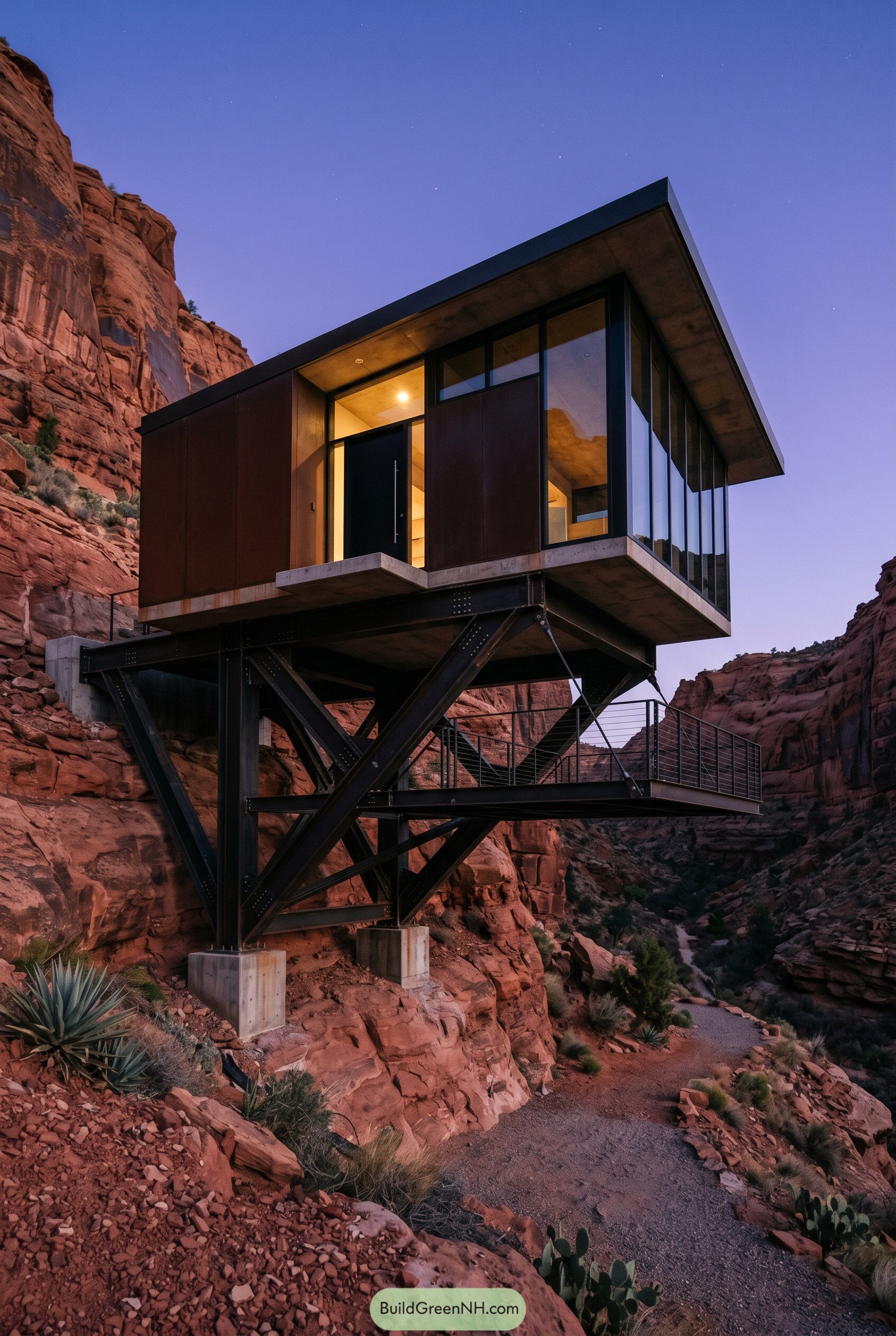 Cantilevered steel house anchored to a red canyon wall
